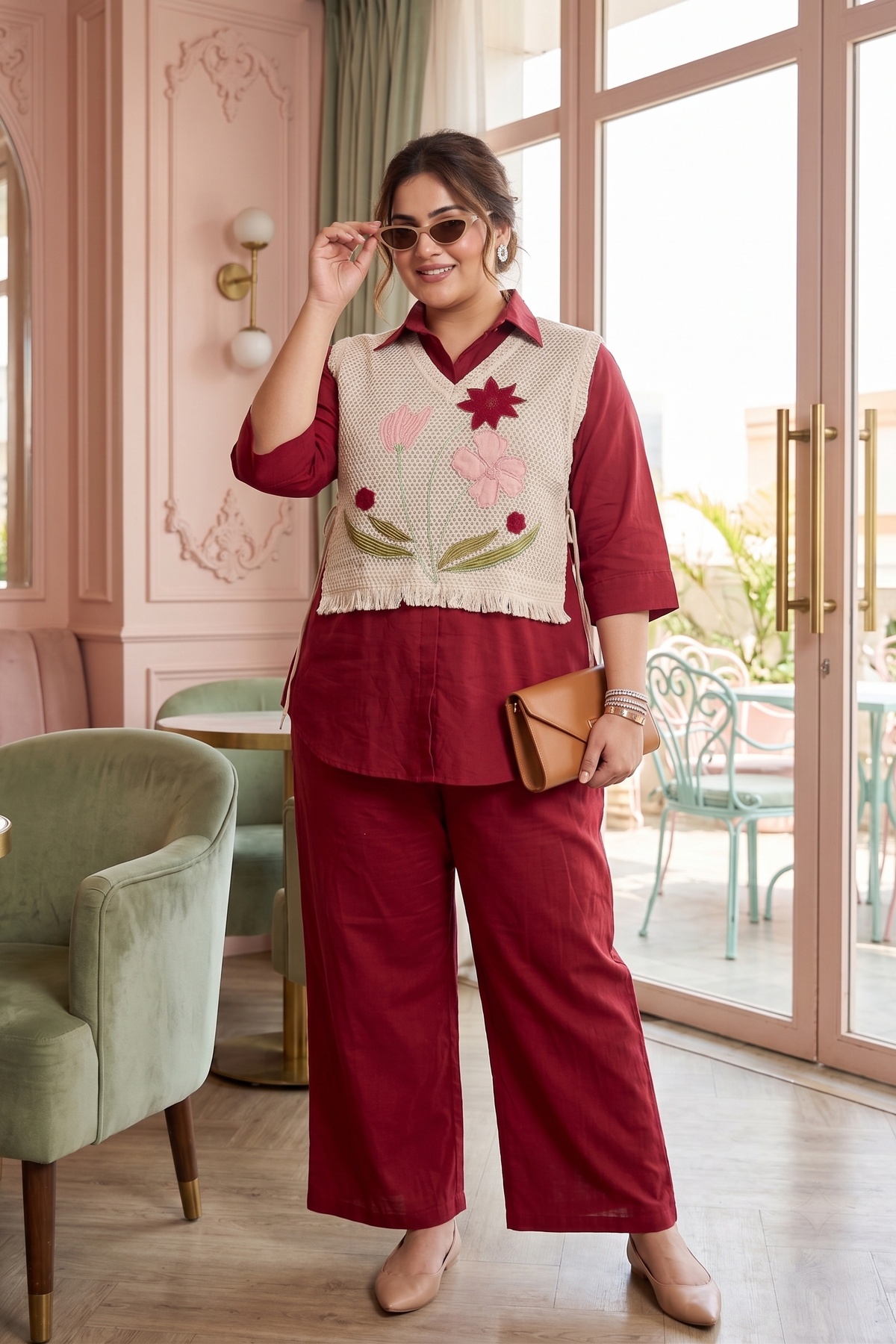 Plus Size Red 100% Cotton Co-ord Set with Jute Jacket – Embroidered Layered Set