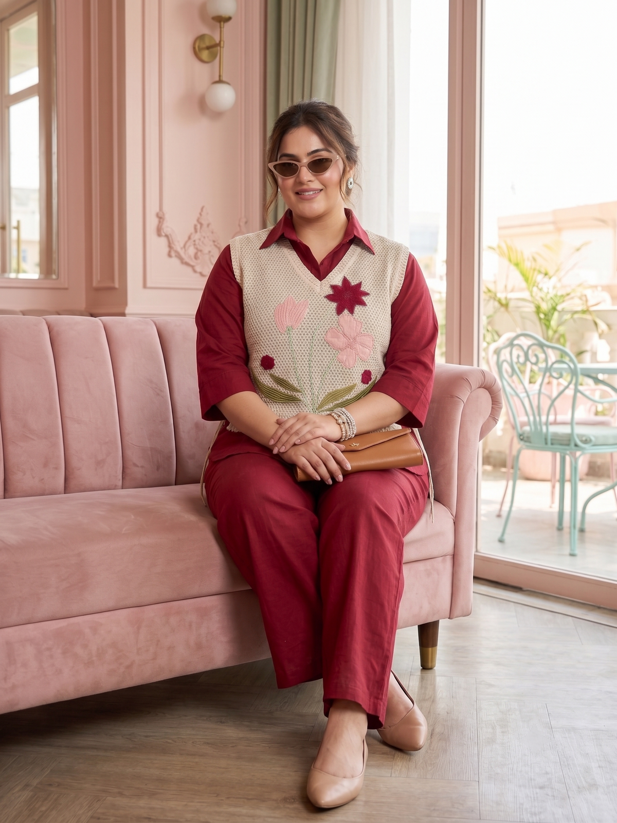 Plus Size Red 100% Cotton Co-ord Set with Jute Jacket – Embroidered Layered Set