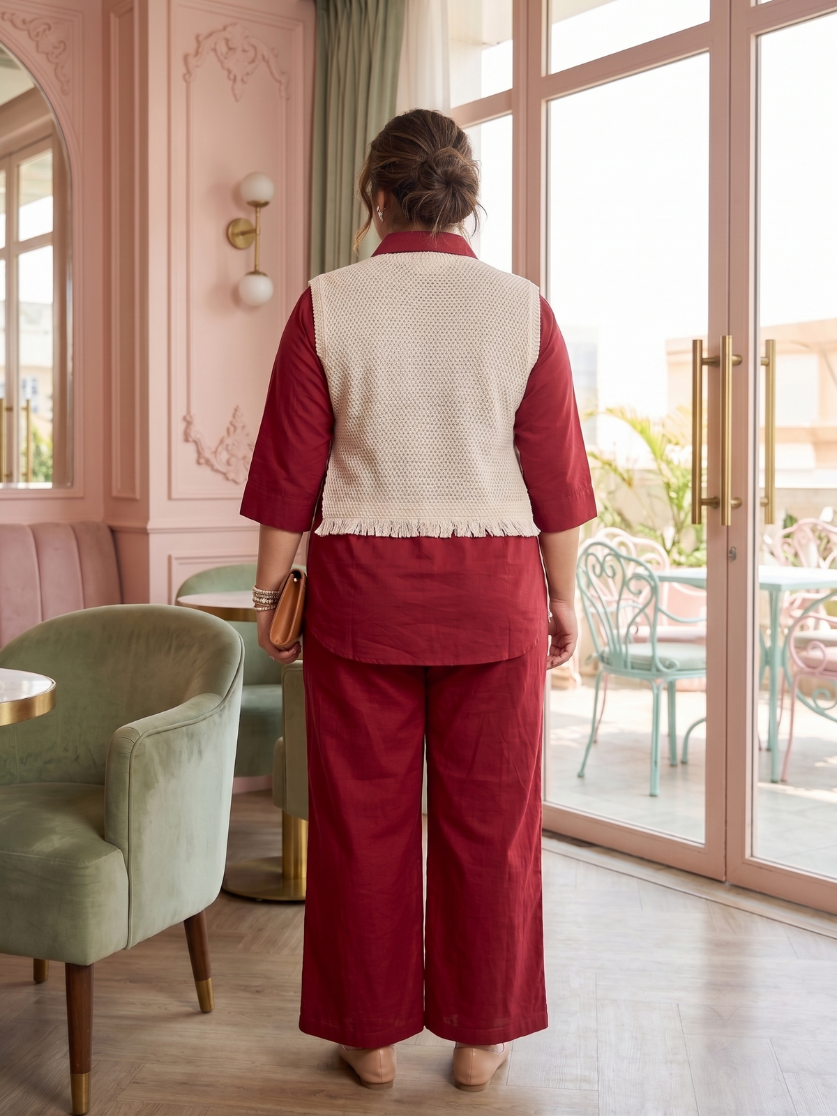 Plus Size Red 100% Cotton Co-ord Set with Jute Jacket – Embroidered Layered Set