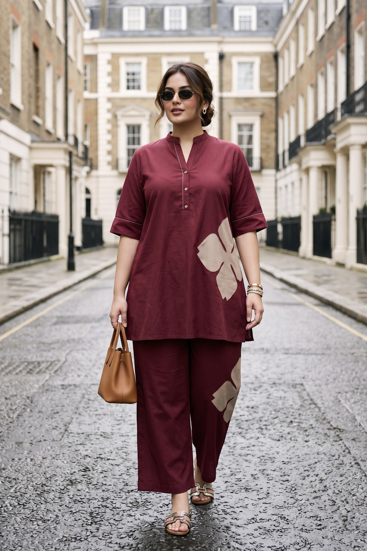 Plus Size Maroon Cotton Co-Ord Set with Floral Appliqué