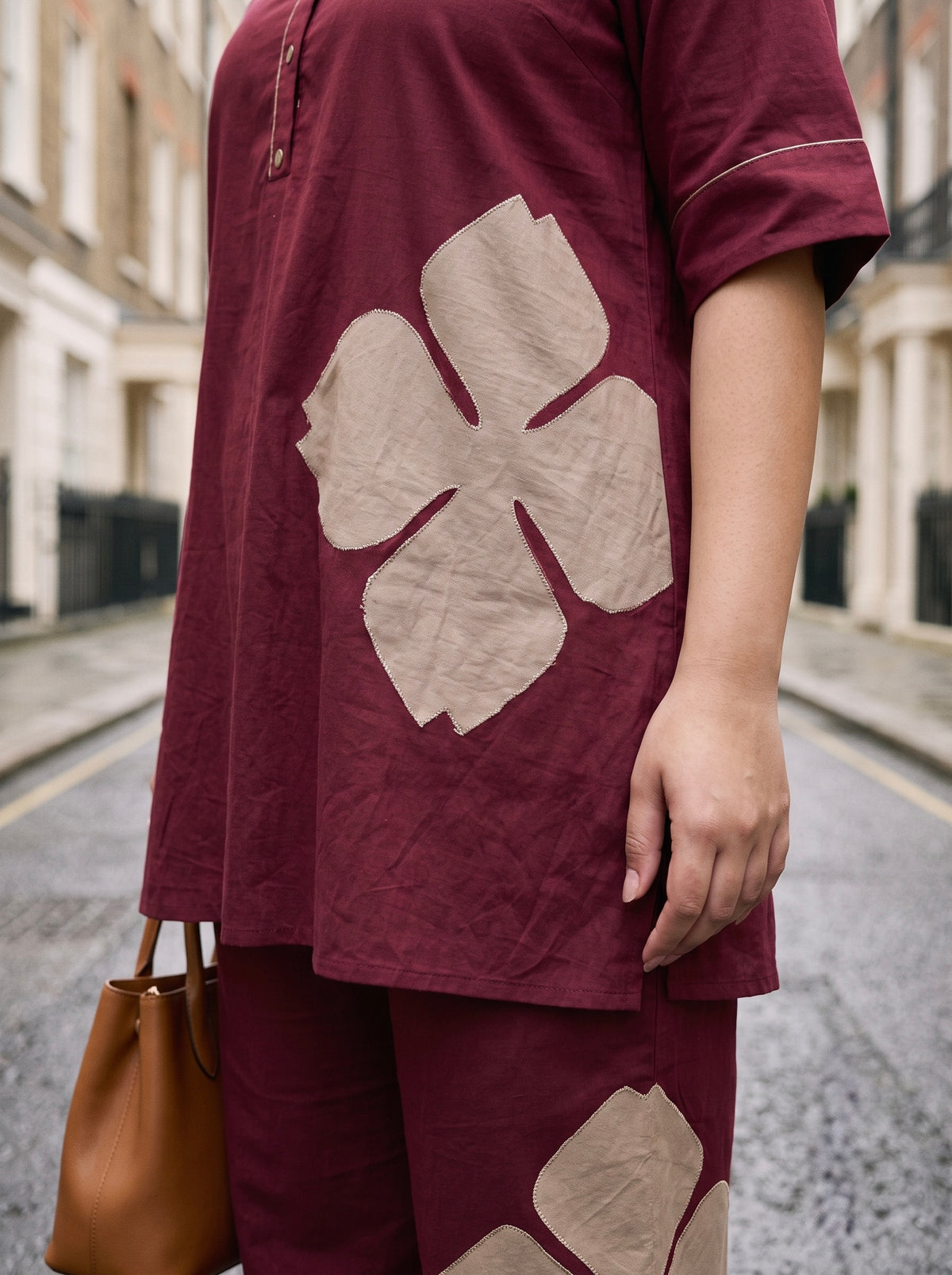 Plus Size Maroon Cotton Co-Ord Set with Floral Appliqué