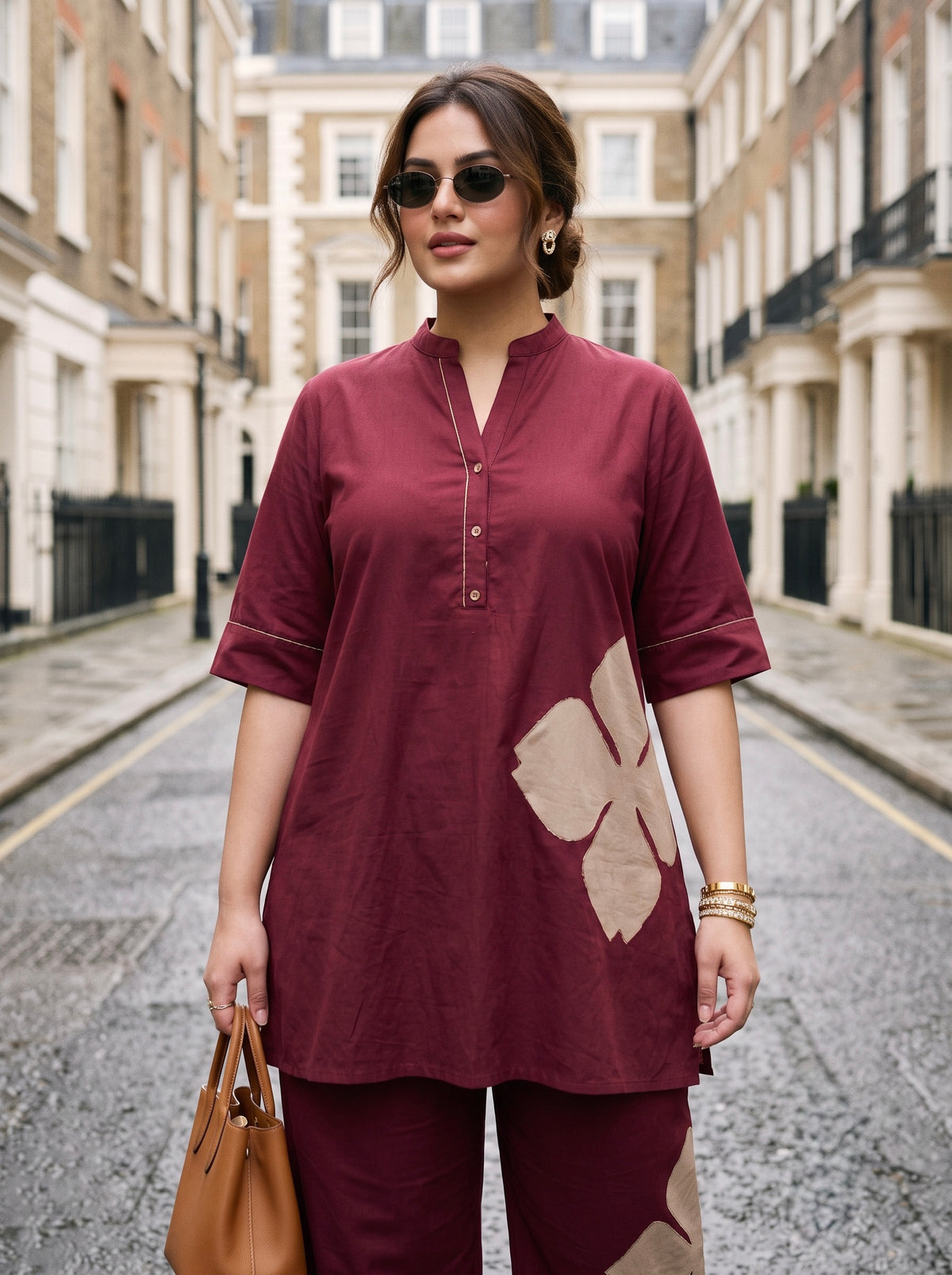 Plus Size Maroon Cotton Co-Ord Set with Floral Appliqué