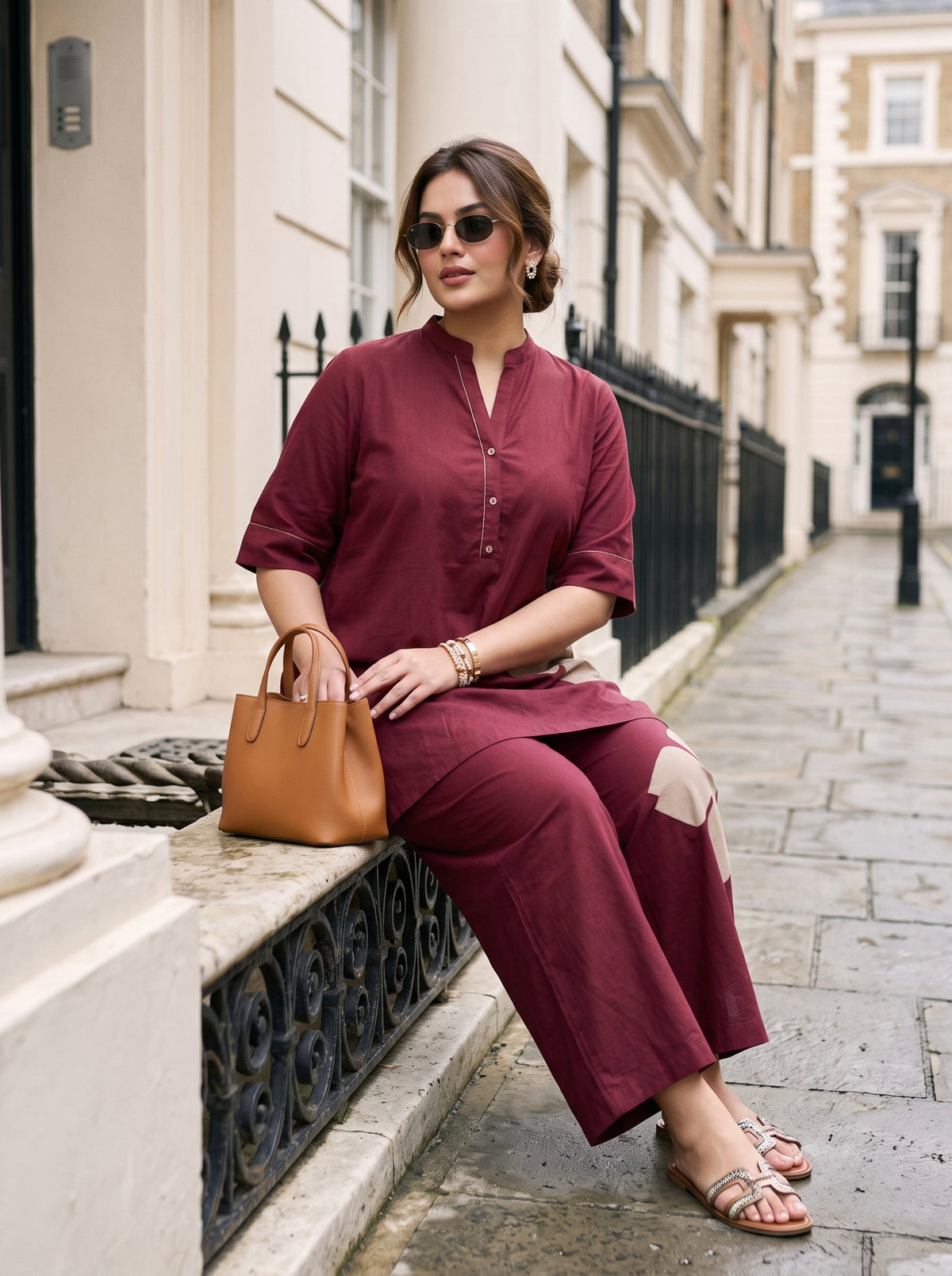 Plus Size Maroon Cotton Co-Ord Set with Floral Appliqué