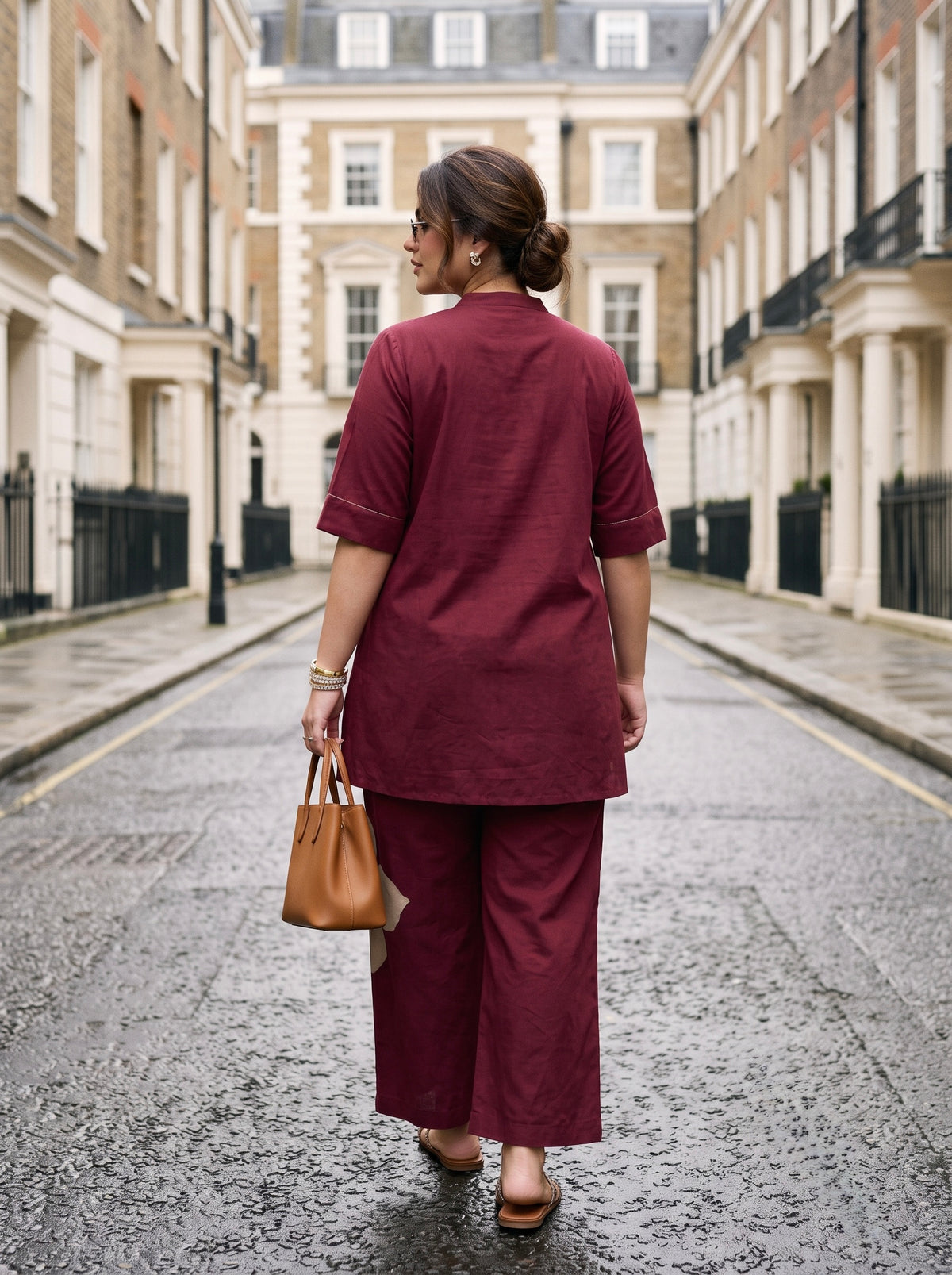 Plus Size Maroon Cotton Co-Ord Set with Floral Appliqué
