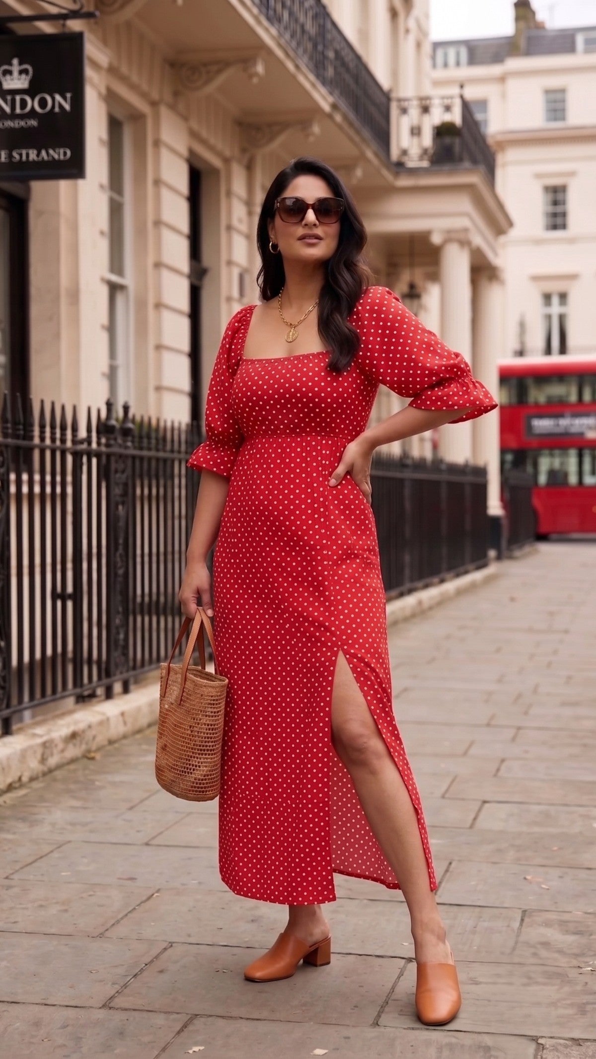 Plus Size Red Polka Dot Maxi Dress for Women | Square Neck Puff Sleeve Dress