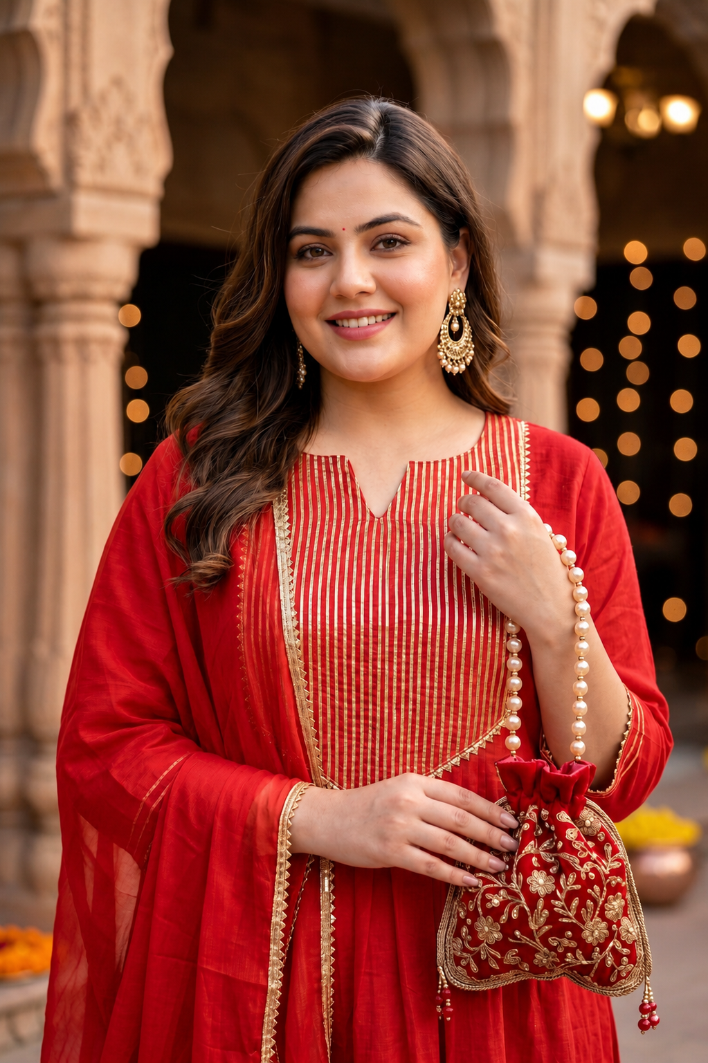 Red & Gold Cotton Kurta Set (Set of 3)