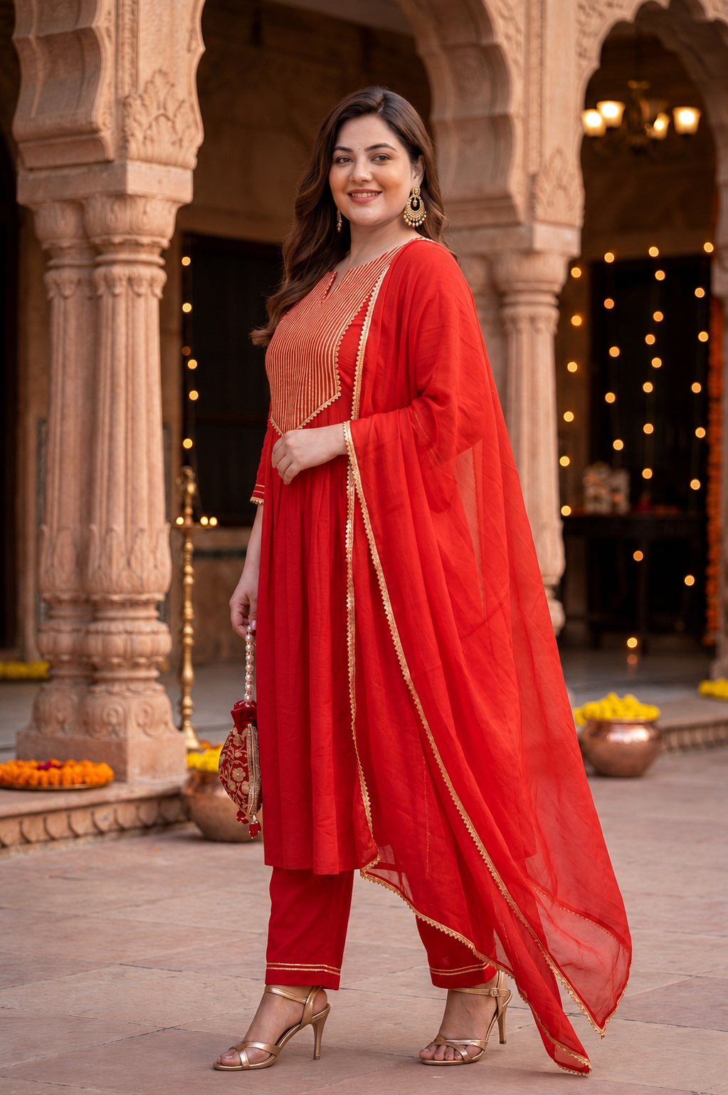 Red & Gold Cotton Kurta Set (Set of 3)