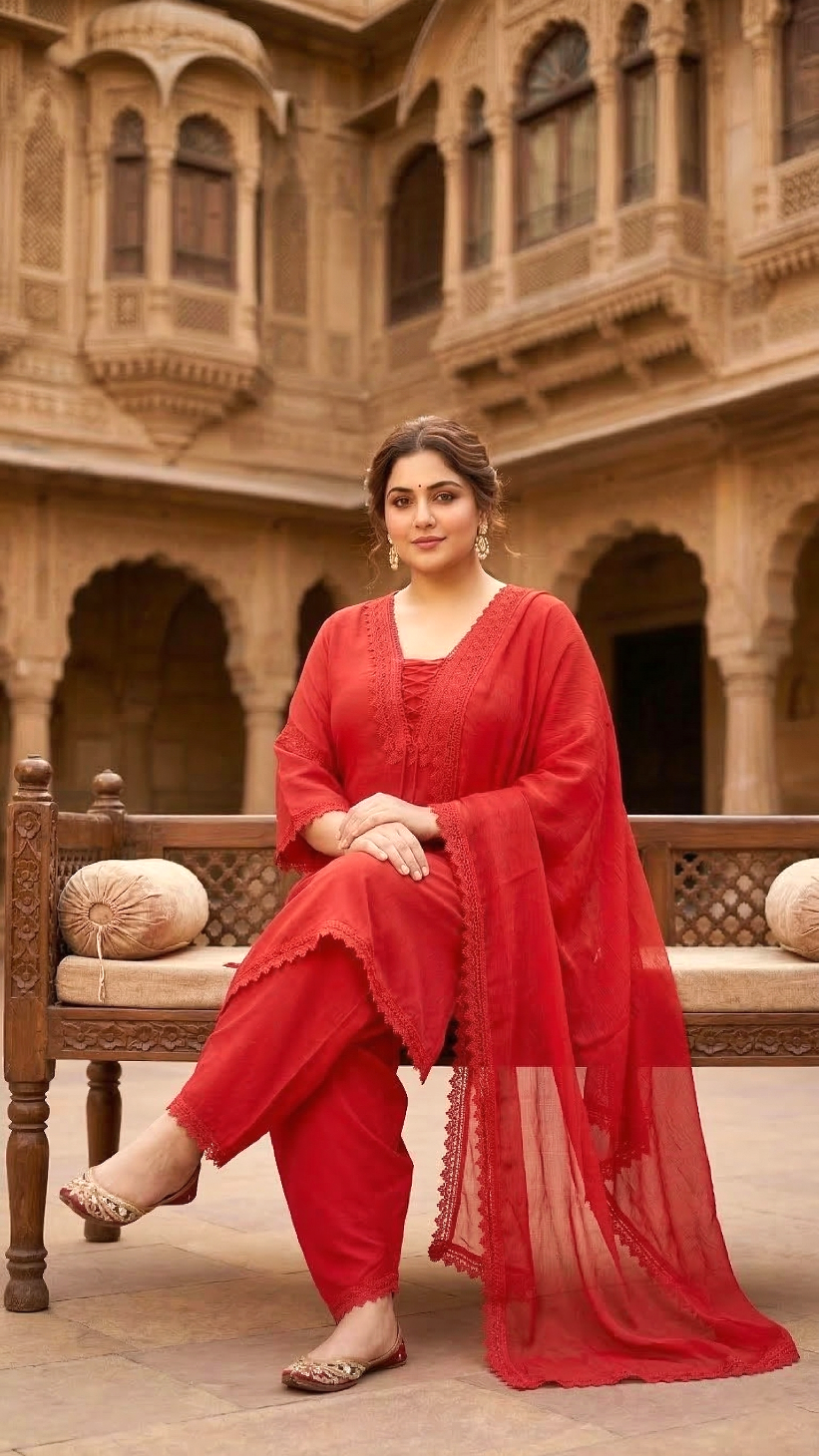 Plus Size Crimson Red Lace Detail Dupatta Set For Women (3 PC Set )