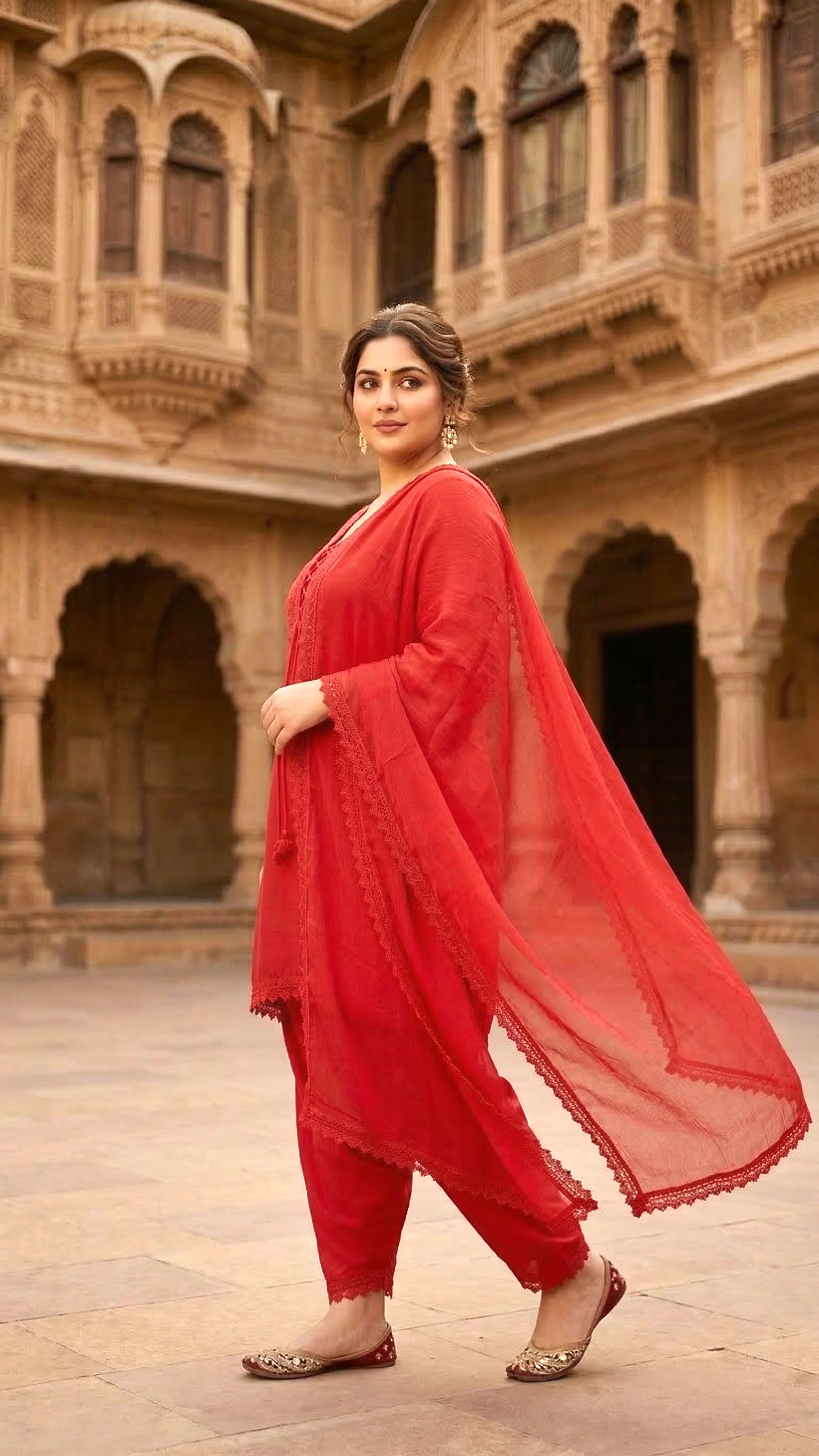 Plus Size Crimson Red Lace Detail Dupatta Set For Women (3 PC Set )