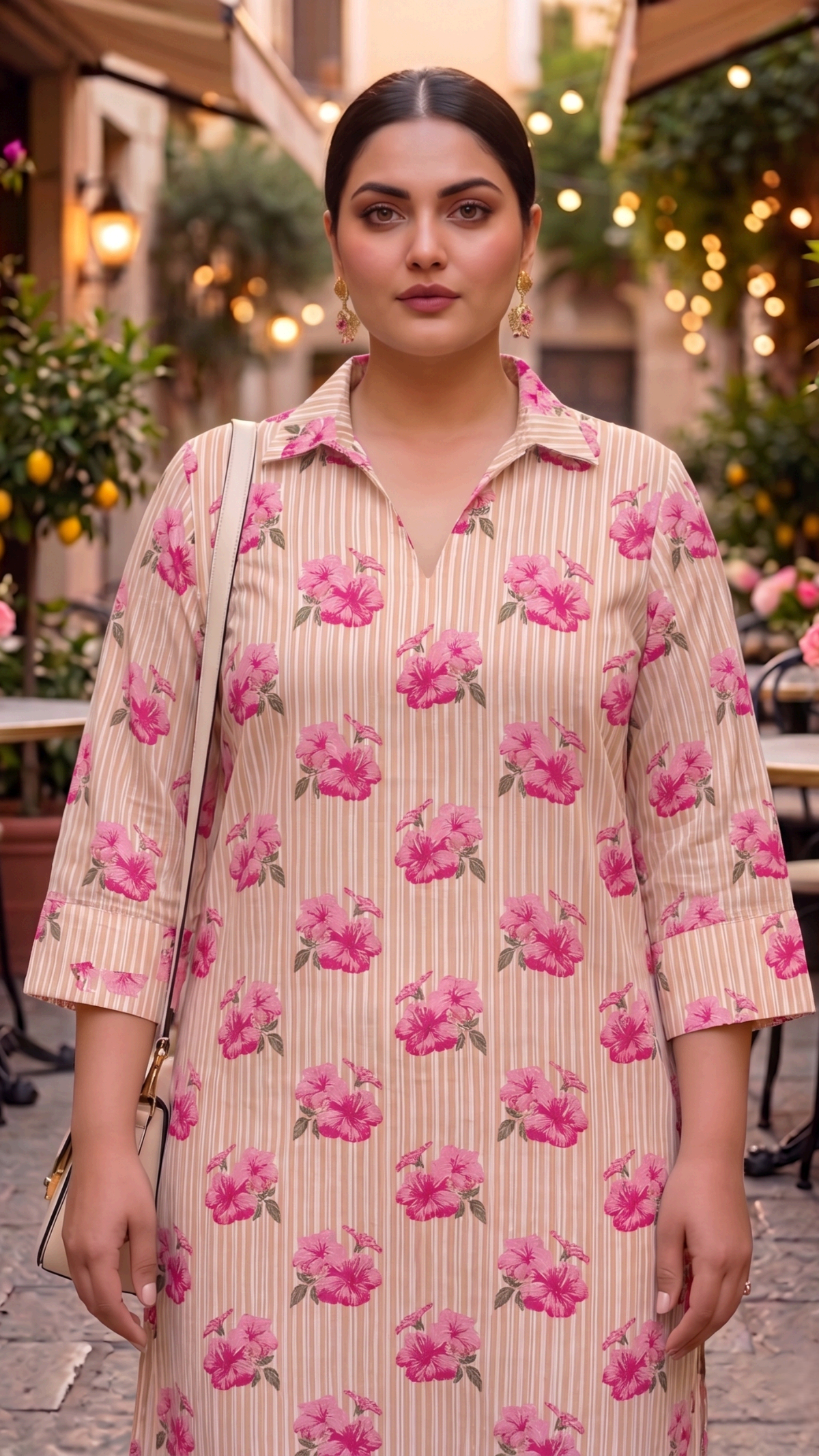 Plus Size Pink Floral Cotton Cord Set for Women | Printed Kurta & Straight Pants Co-ord Set