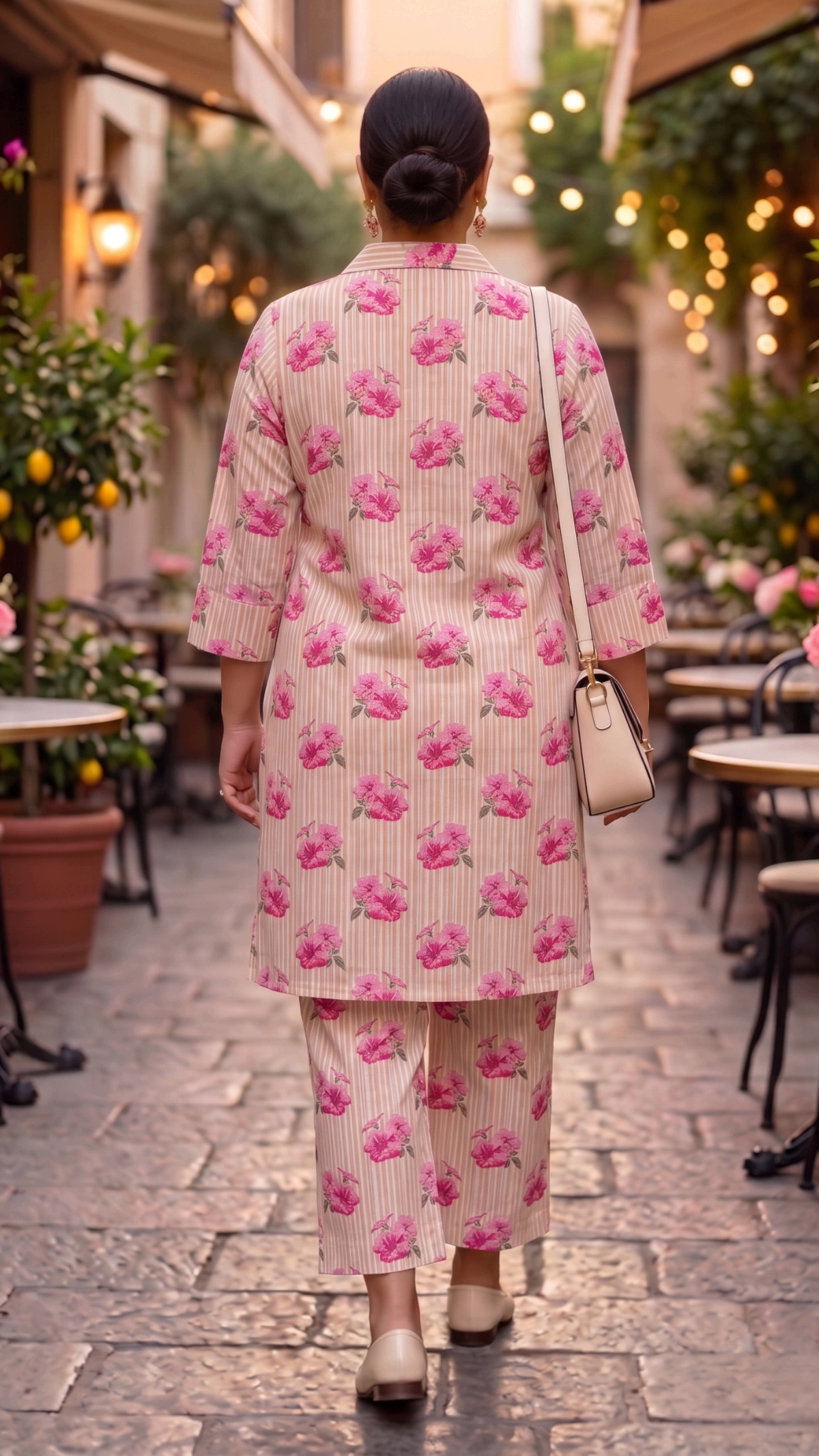 Plus Size Pink Floral Cotton Cord Set for Women | Printed Kurta & Straight Pants Co-ord Set