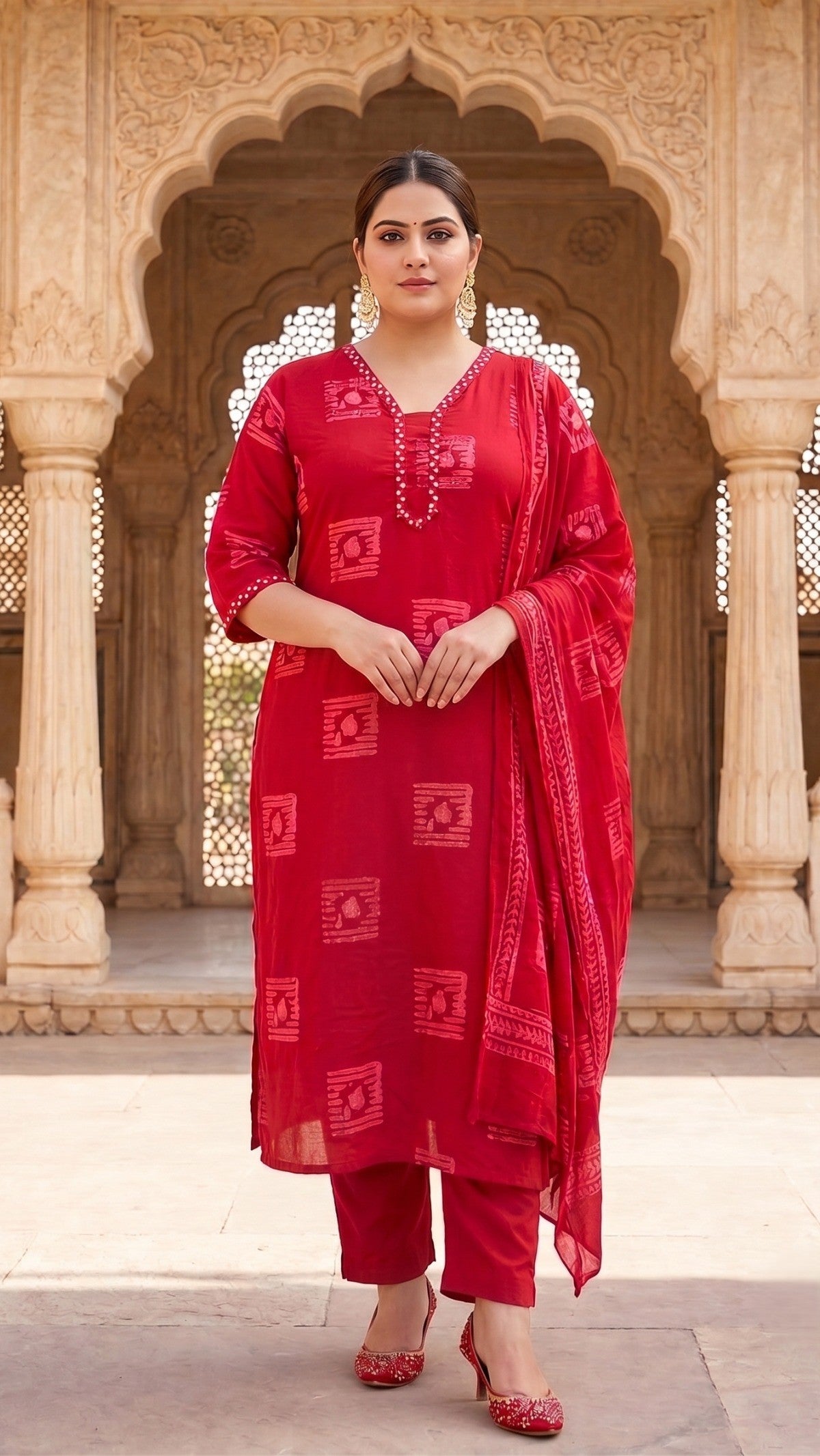 Plus Size Red Printed Cotton Kurta Set with Dupatta