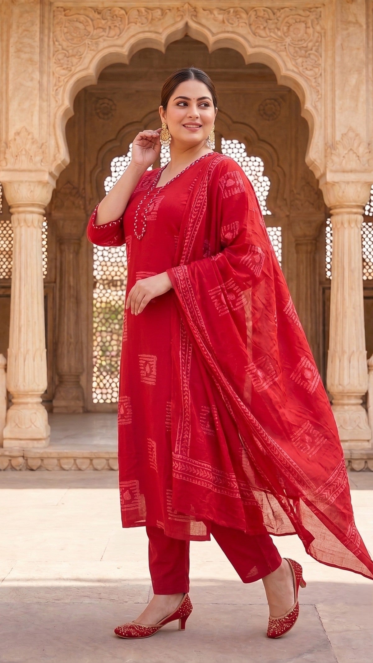 Plus Size Red Printed Cotton Kurta Set with Dupatta