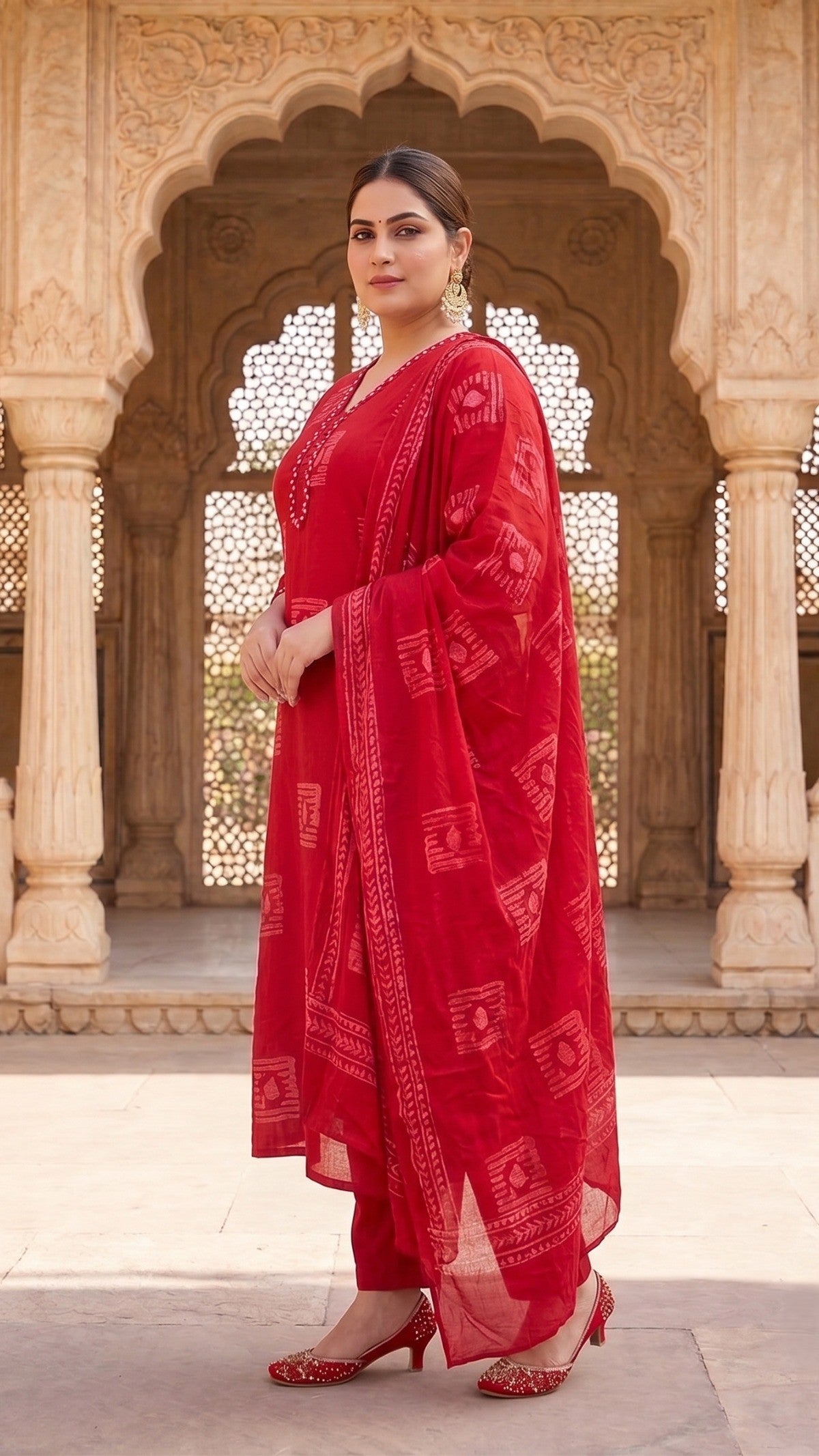 Plus Size Red Printed Cotton Kurta Set with Dupatta
