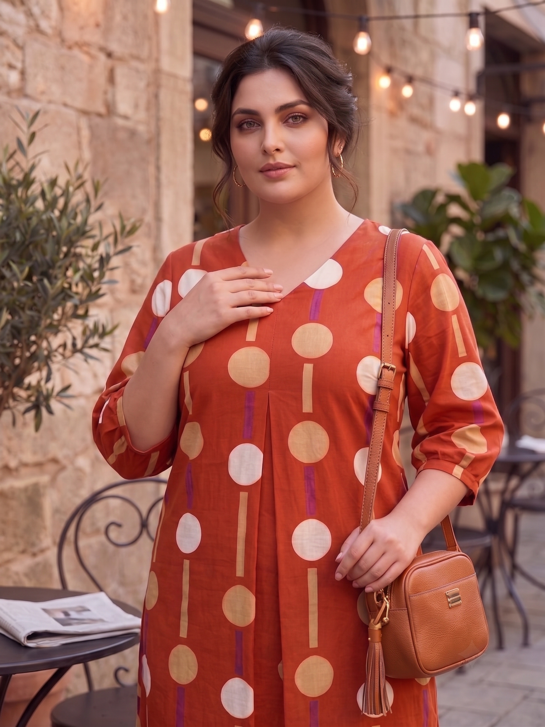 Plus Size Rust Cotton Co-ord Set for Women | Printed Kurta with Lace Palazzo