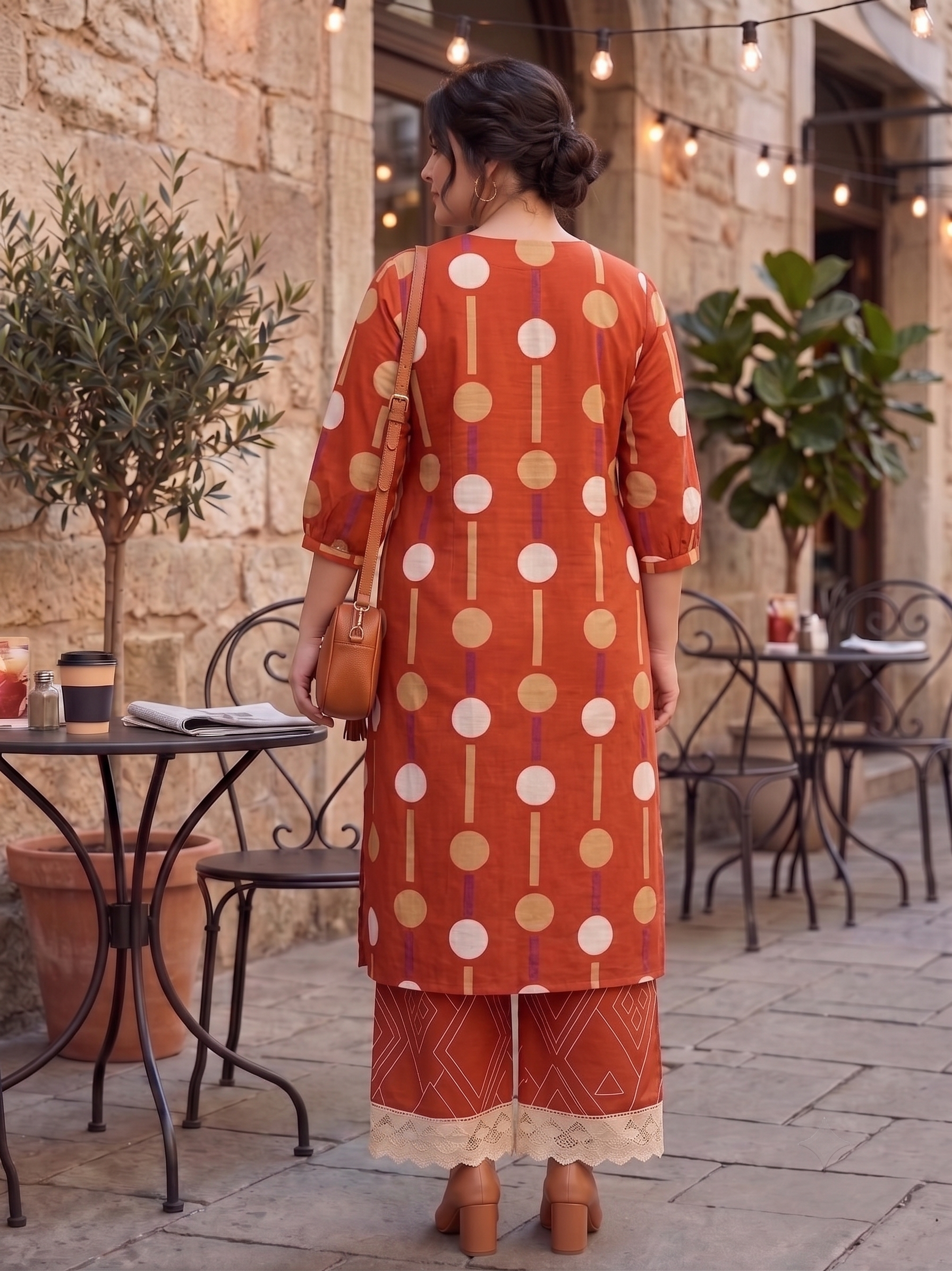 Plus Size Rust Cotton Co-ord Set for Women | Printed Kurta with Lace Palazzo