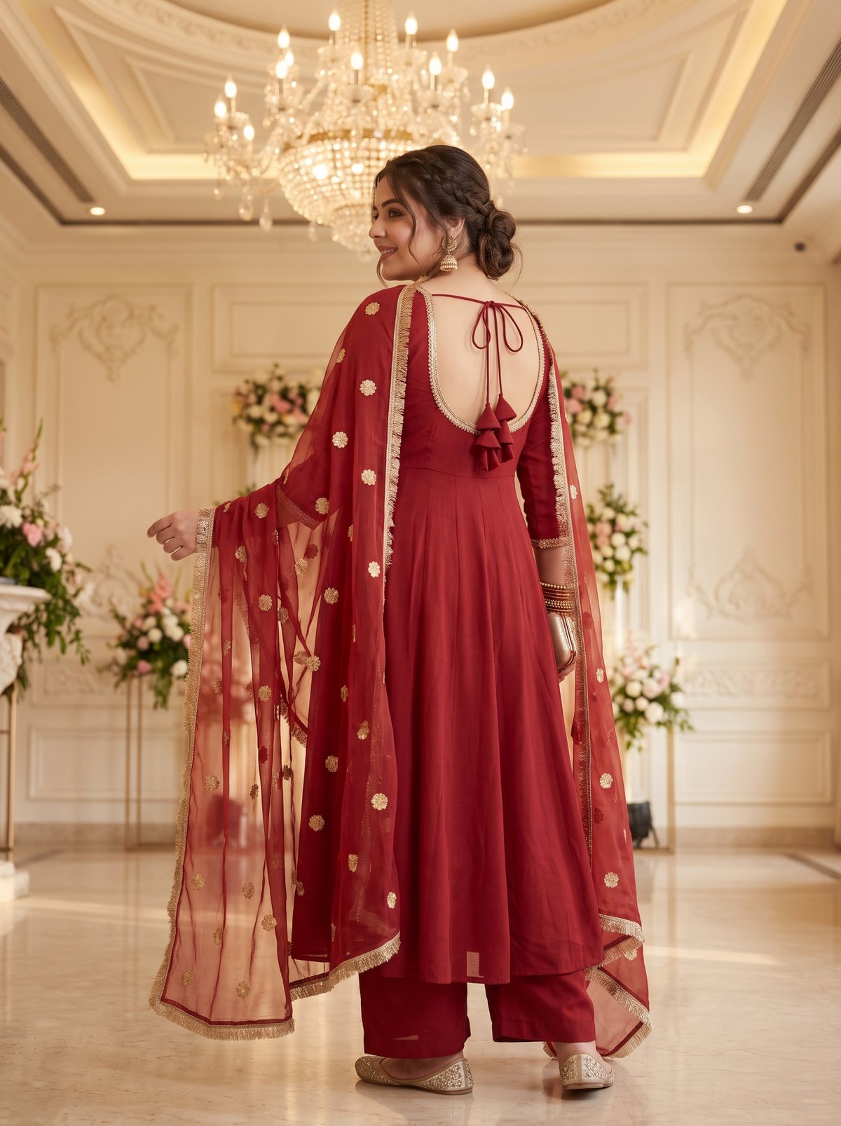 Plus Size Maroon Cotton Anarkali Kurta Suit Set with Gotta Patti(set of 3)