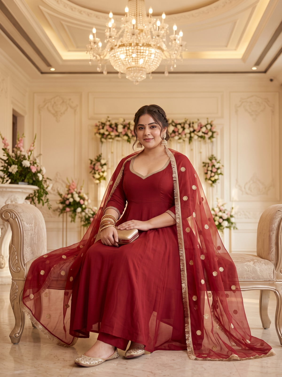 Plus Size Maroon Cotton Anarkali Kurta Suit Set with Gotta Patti(set of 3)