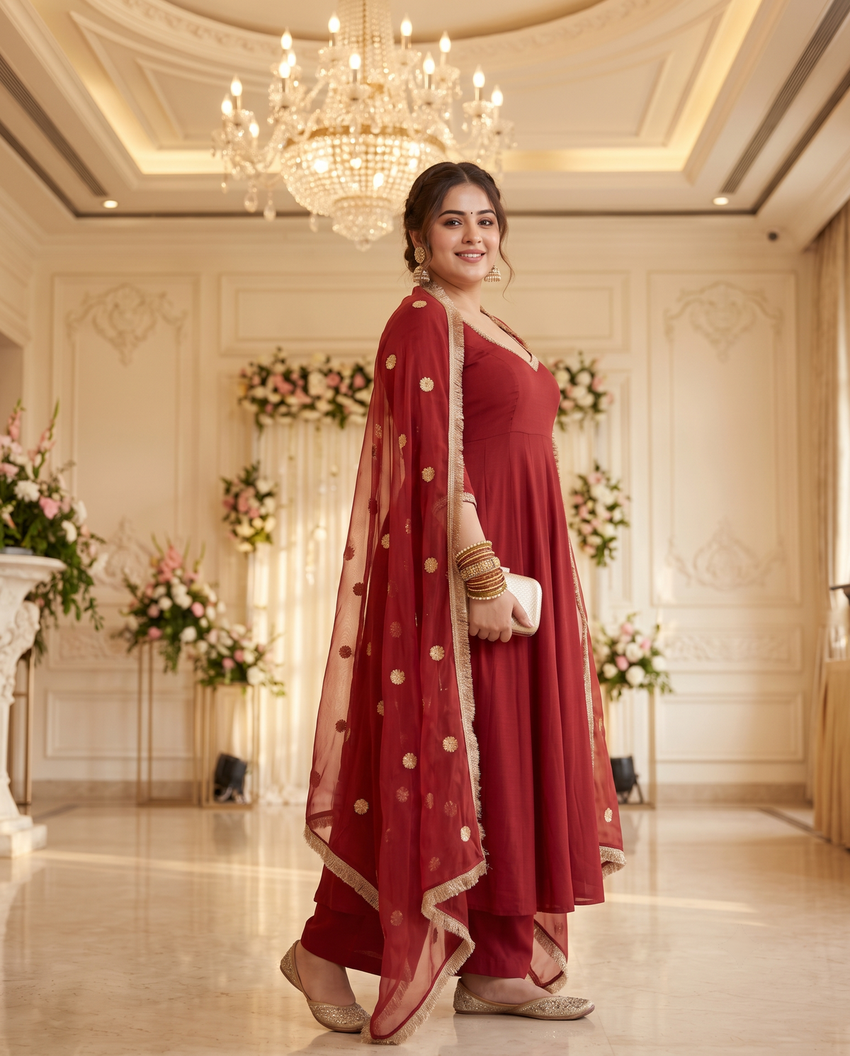 Plus Size Maroon Cotton Anarkali Kurta Suit Set with Gotta Patti(set of 3)