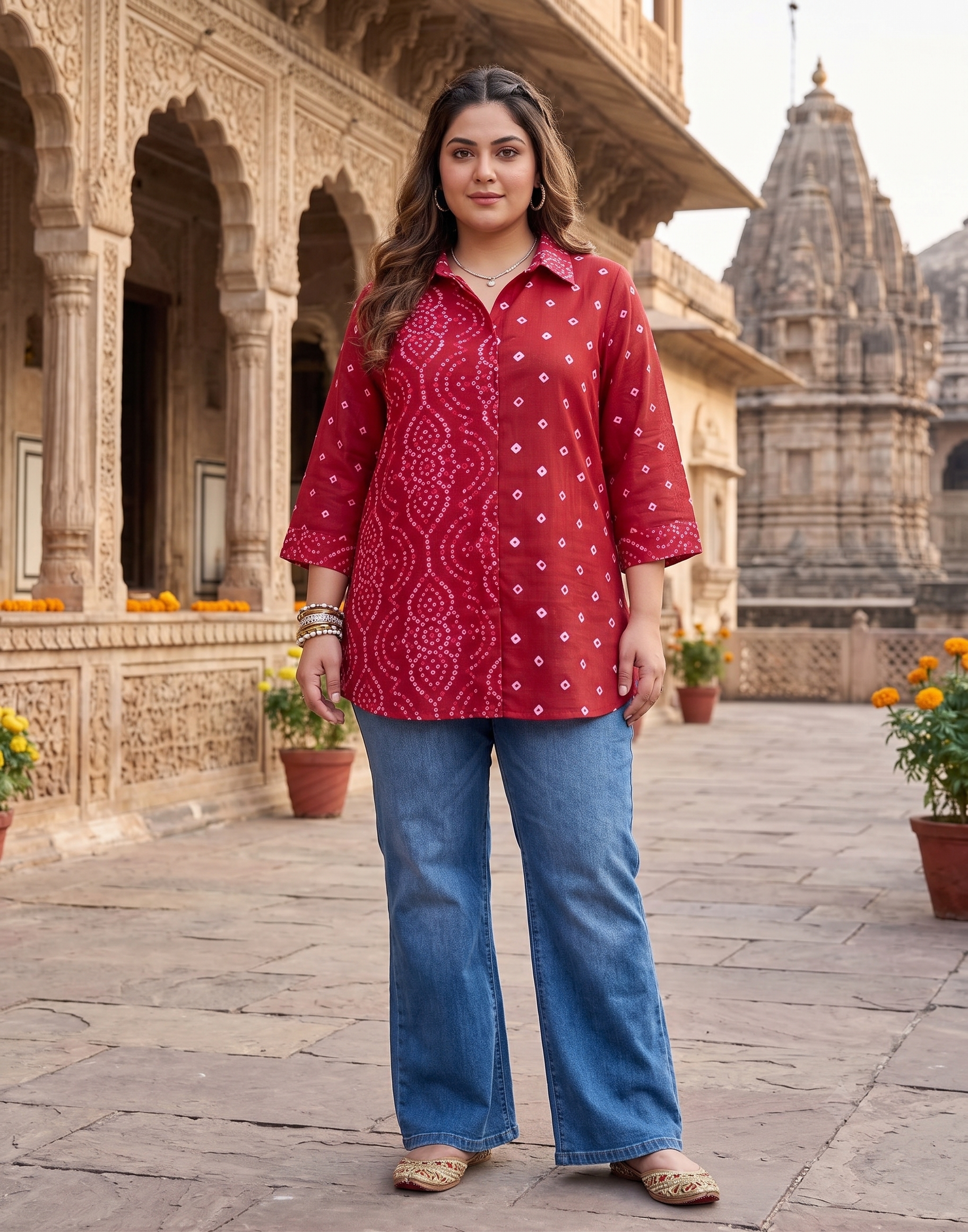 Plus Size Red Bandhani Printed Cotton Shirt for Women | Collared Button-Down Casual Shirt