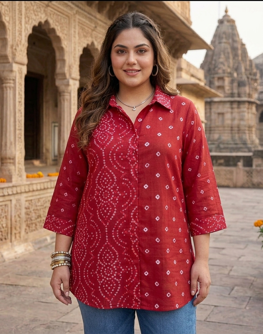 Plus Size Red Bandhani Printed Cotton Shirt for Women | Collared Button-Down Casual Shirt