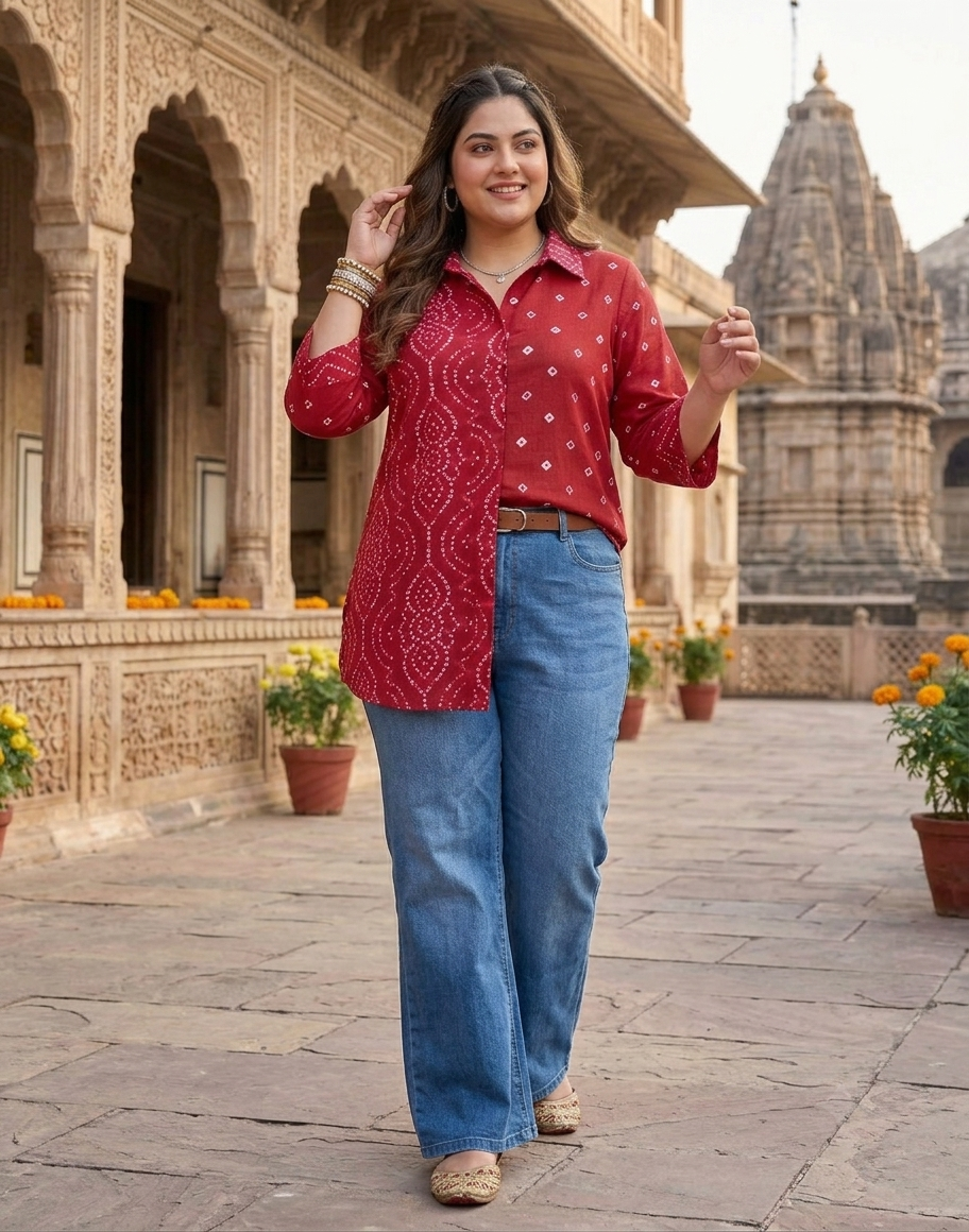Plus Size Red Bandhani Printed Cotton Shirt for Women | Collared Button-Down Casual Shirt
