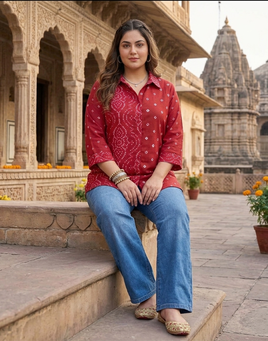 Plus Size Red Bandhani Printed Cotton Shirt for Women | Collared Button-Down Casual Shirt