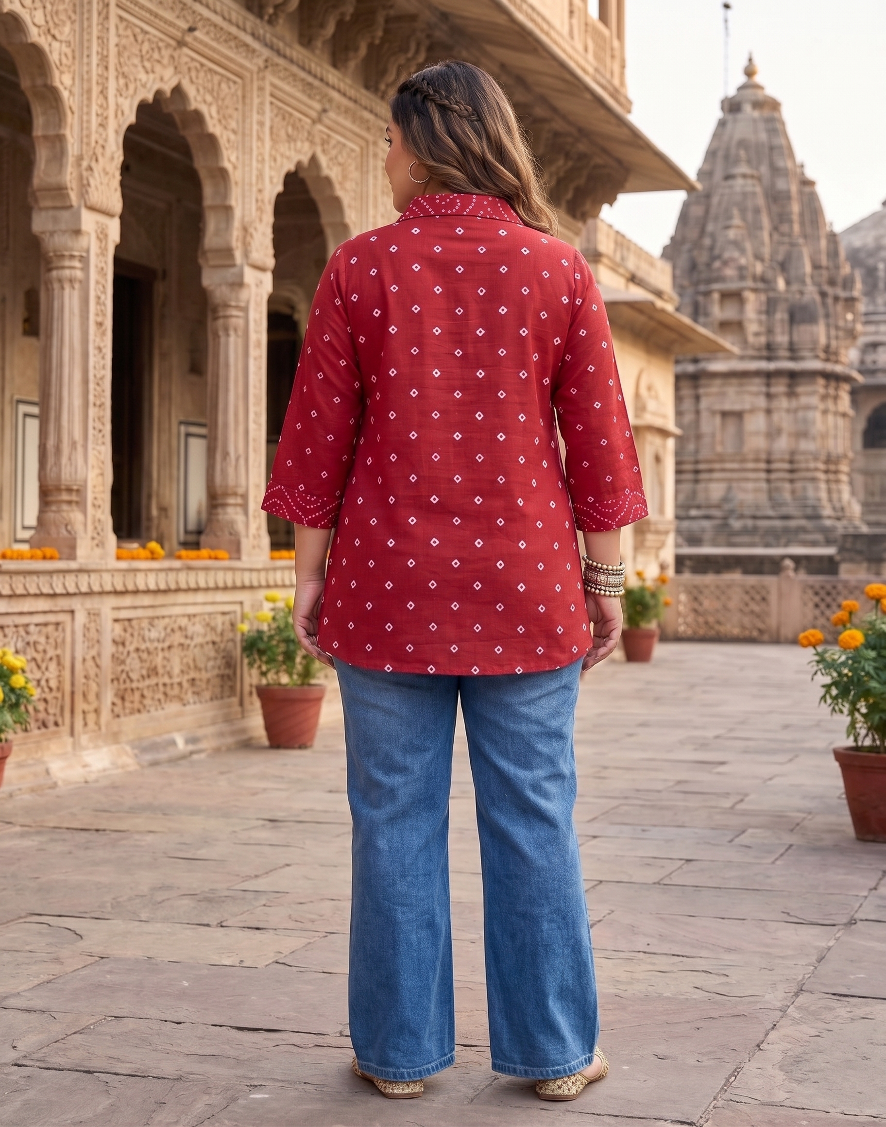Plus Size Red Bandhani Printed Cotton Shirt for Women | Collared Button-Down Casual Shirt