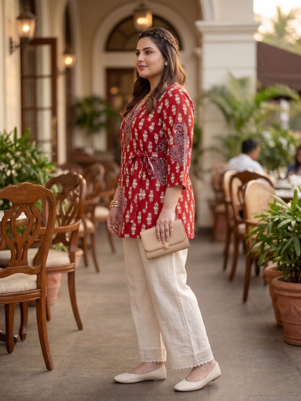 Plus Size Red Printed Cotton Tunic – Tie Waist Relaxed Fit