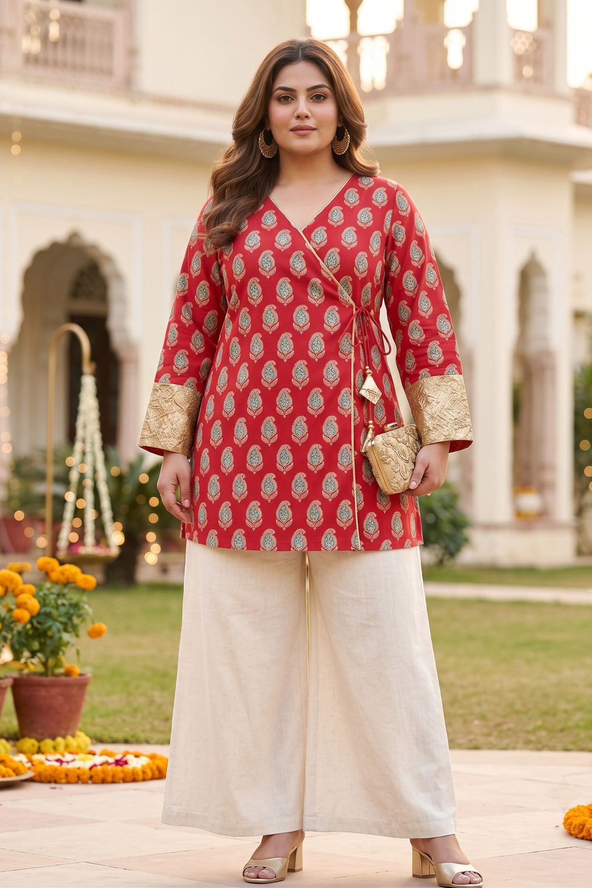 Plus Size 100% Cotton Printed Tunic Top – Red Wrap-Style Tunic