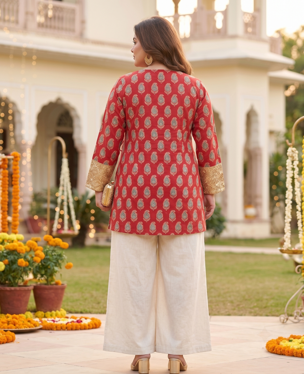 Plus Size 100% Cotton Printed Tunic Top – Red Wrap-Style Tunic