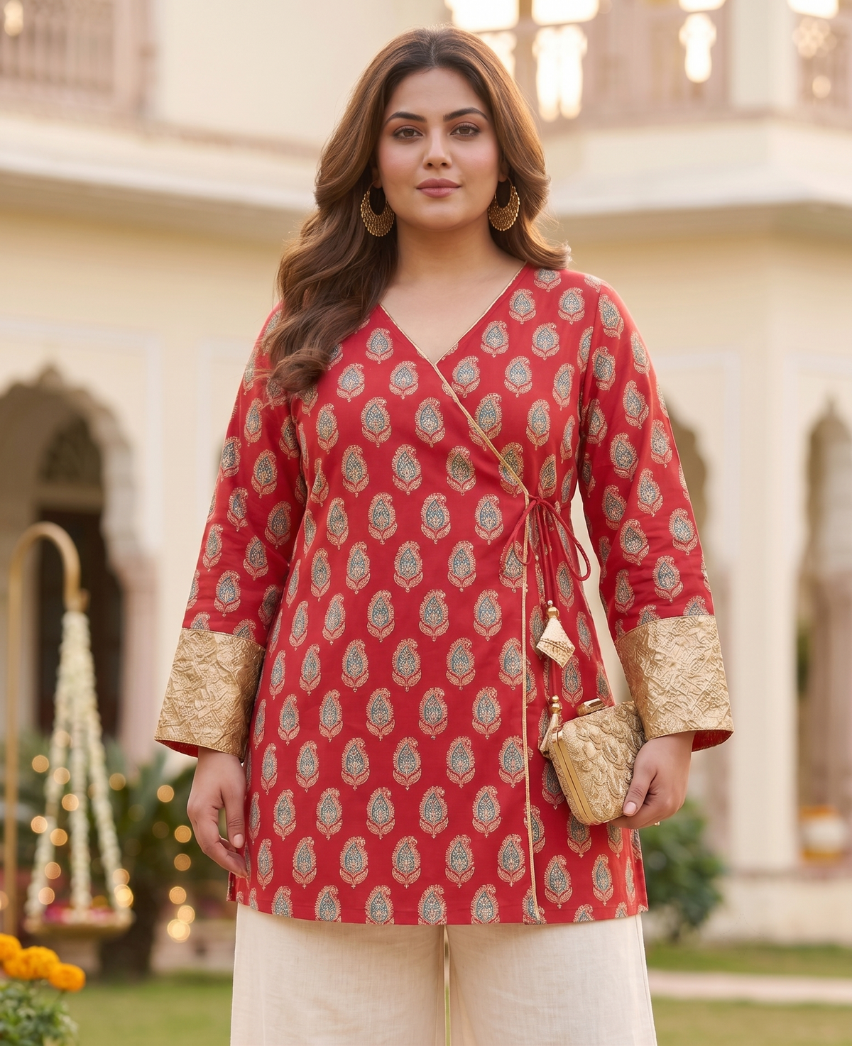 Plus Size 100% Cotton Printed Tunic Top – Red Wrap-Style Tunic