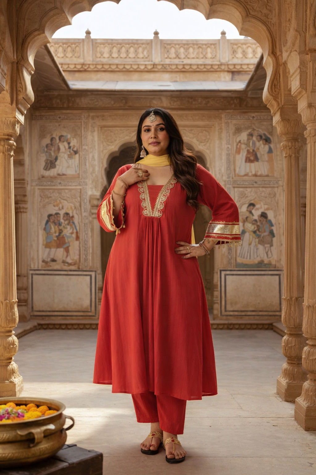 Regal Rust Red Kurta Set with Gota Detailing