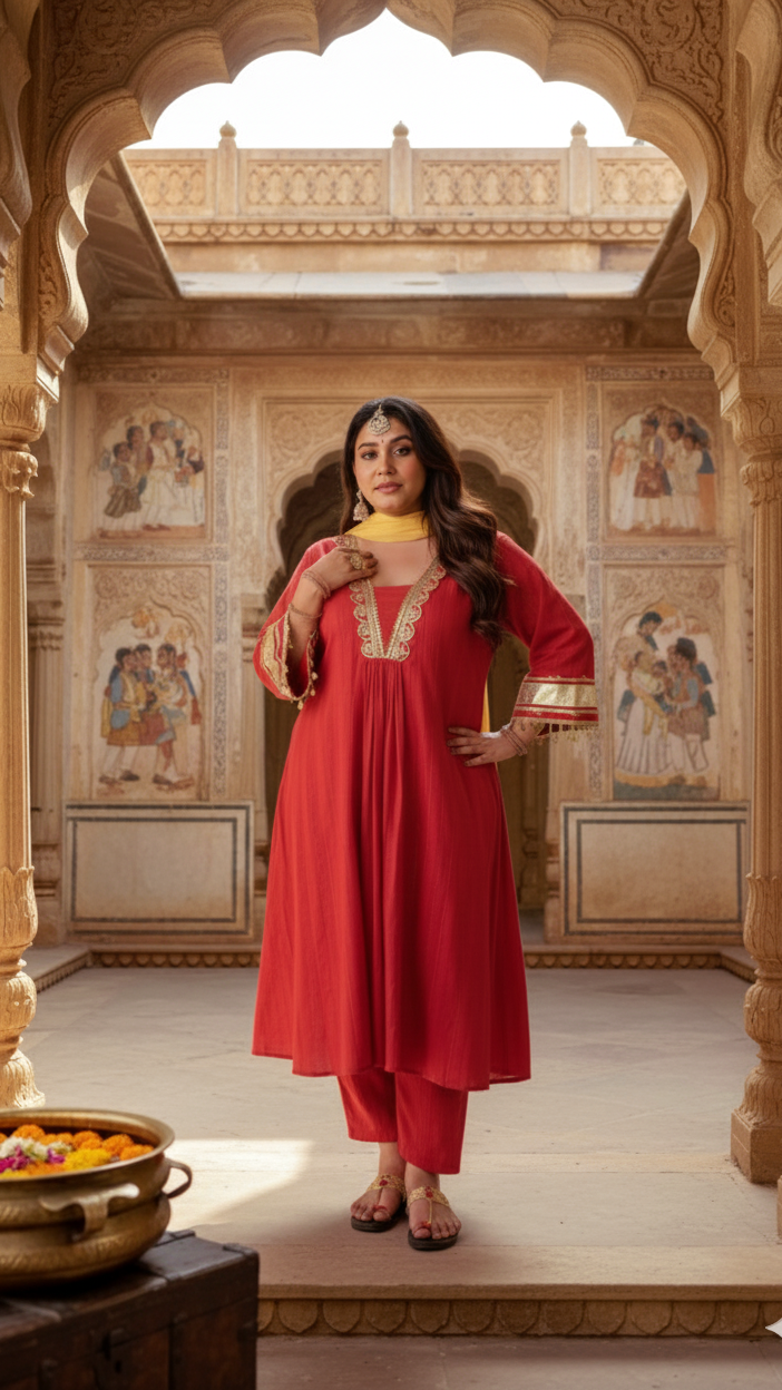 Regal Rust Red Kurta Set with Gota Detailing