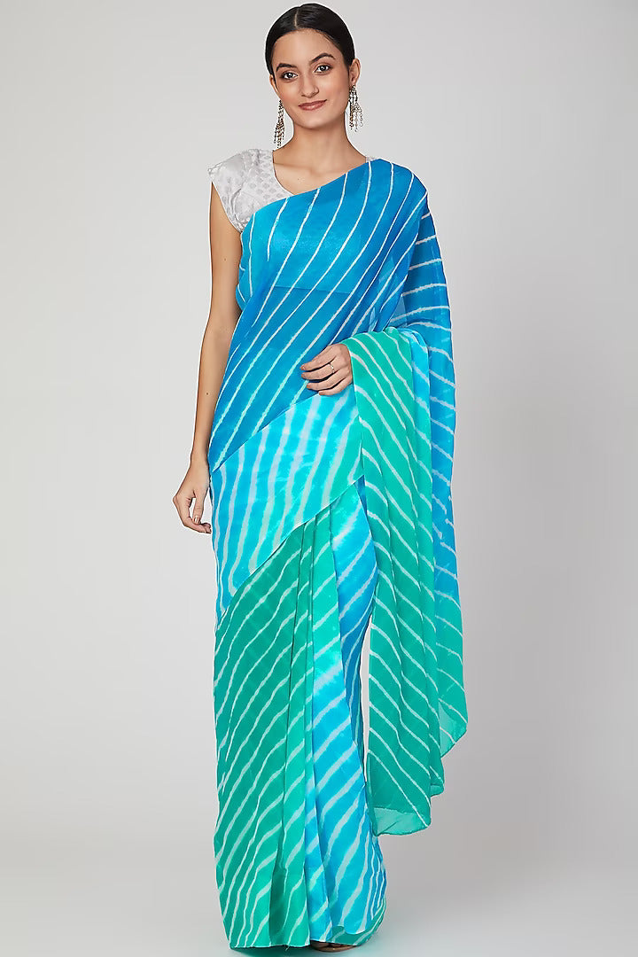 Turquoise Leheriya Ombre Saree Set