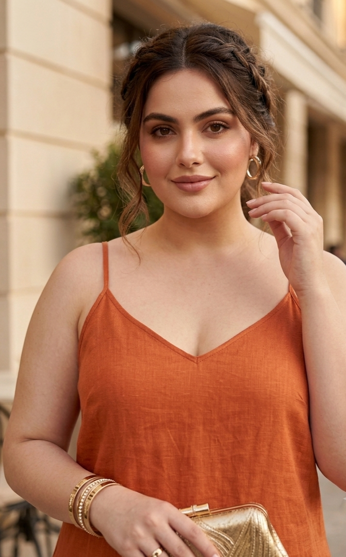Plus Size Orange Cotton Linen Dress for Women | V-Neck Spaghetti Strap Midi Dress