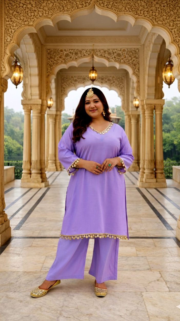 Lilac Mirror-Embellished Roman Silk Kurta Set