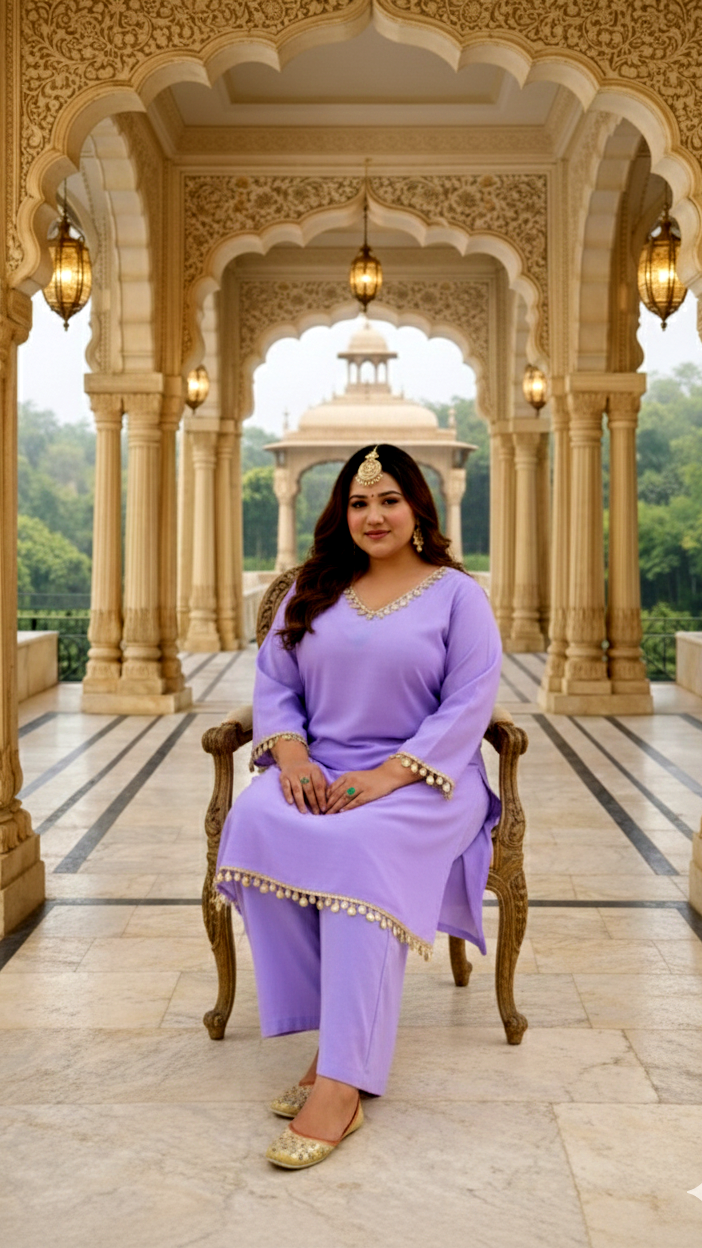 Lilac Mirror-Embellished Roman Silk Kurta Set