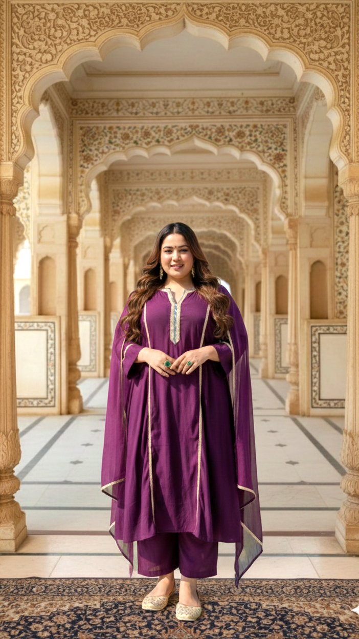 Plum Roman Silk Kurt Set with Gota Detailing