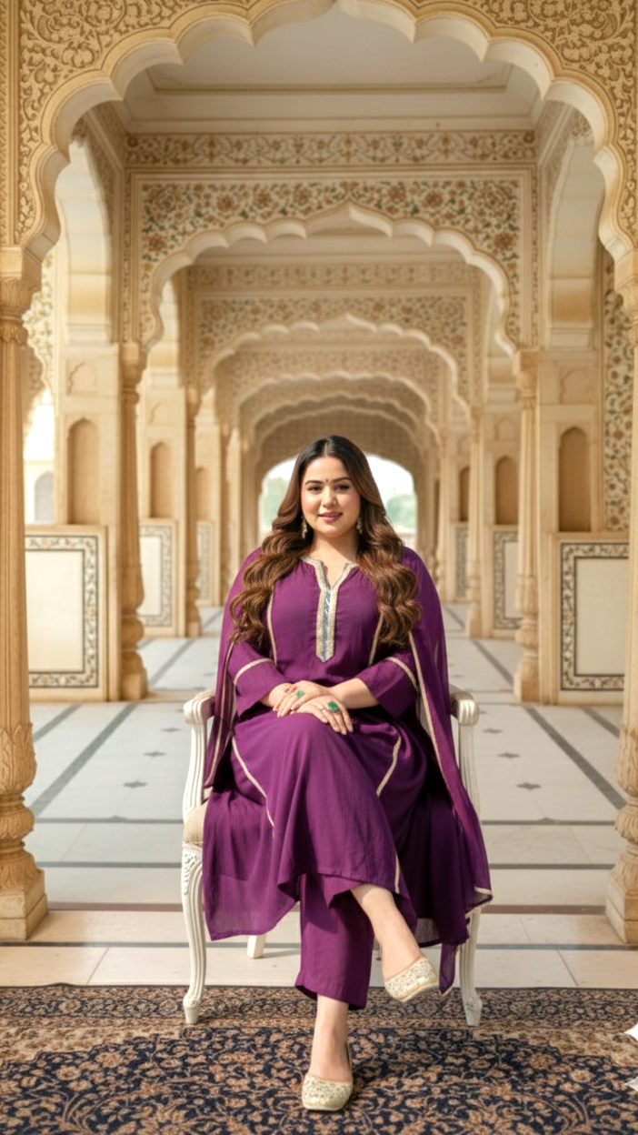 Plum Roman Silk Kurt Set with Gota Detailing