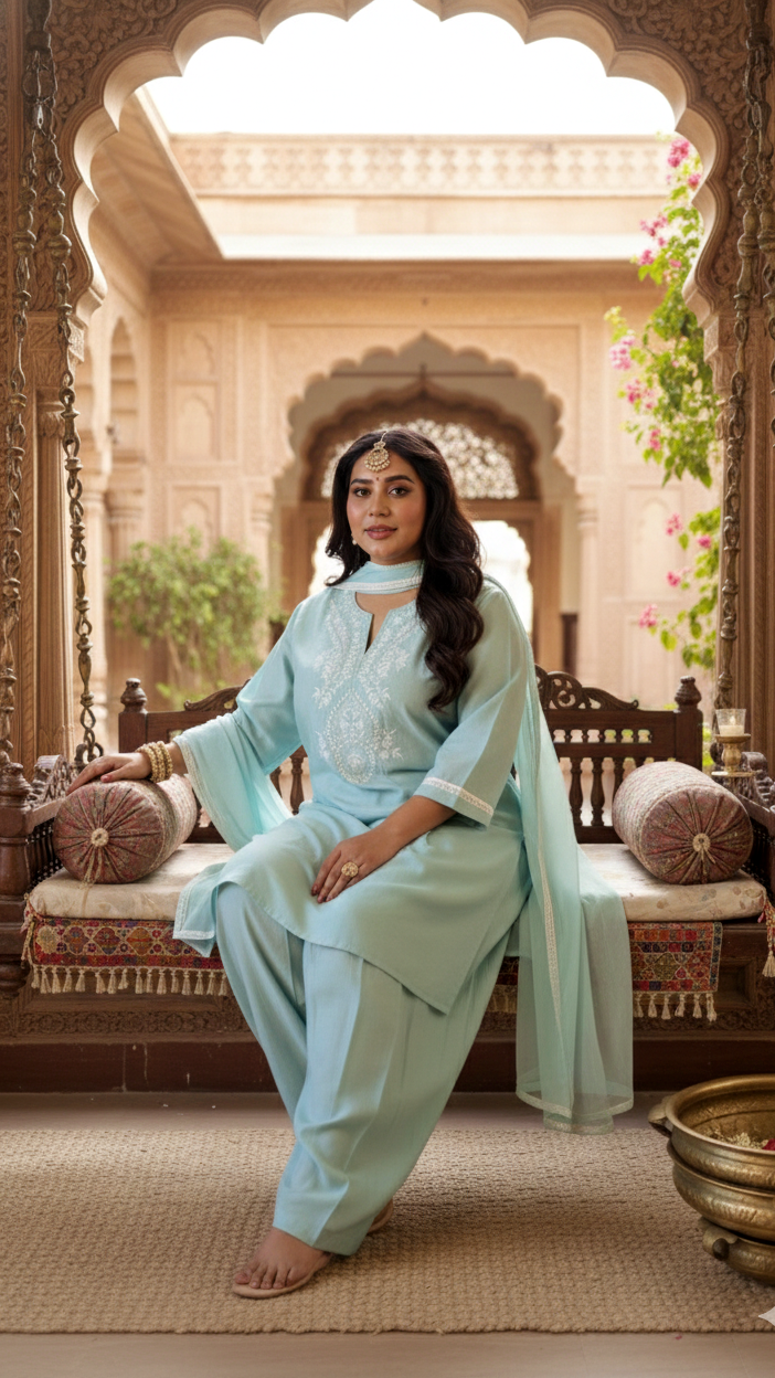 Powder Blue Roman Silk Kurta Set with Farshi Salwar