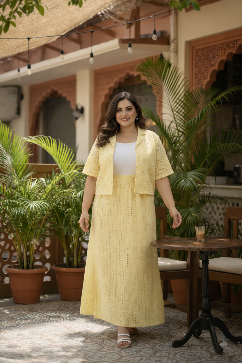 Butter Yellow Schiffli Cotton Crop Top & Slit Skirt Co-ord Set