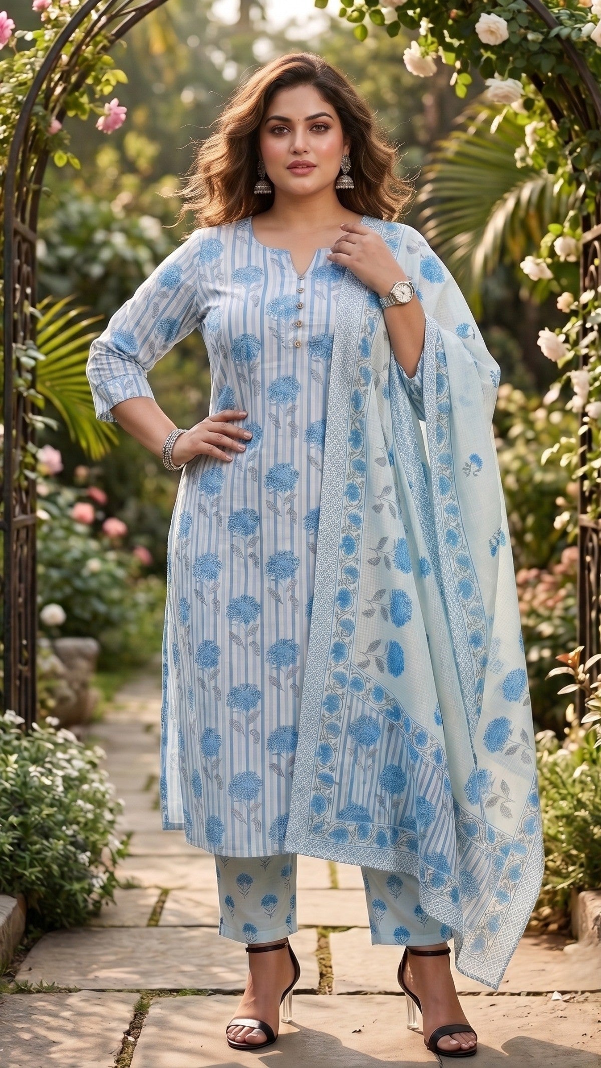 Plus Size Sky Blue Cotton Printed Kurta Set with Dupatta