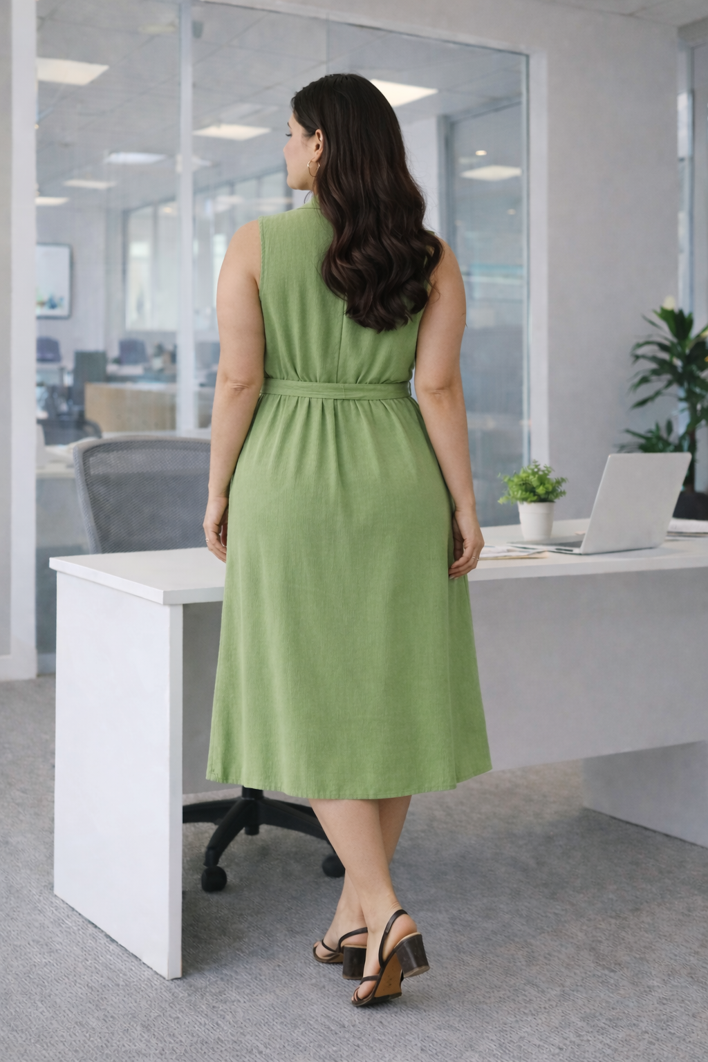 Soft Olive Green Linen Belted Shirt Dress