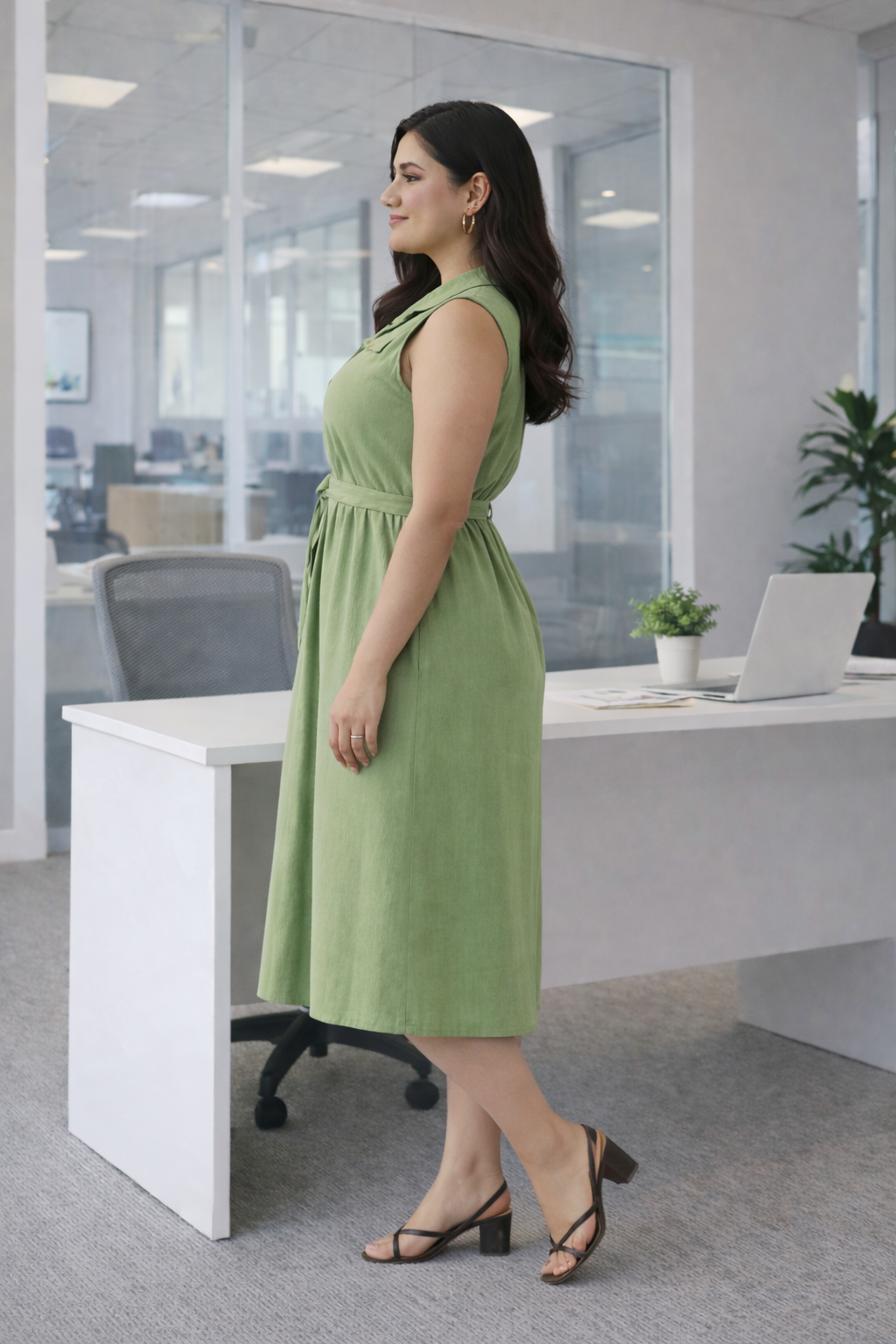 Soft Olive Green Linen Belted Shirt Dress