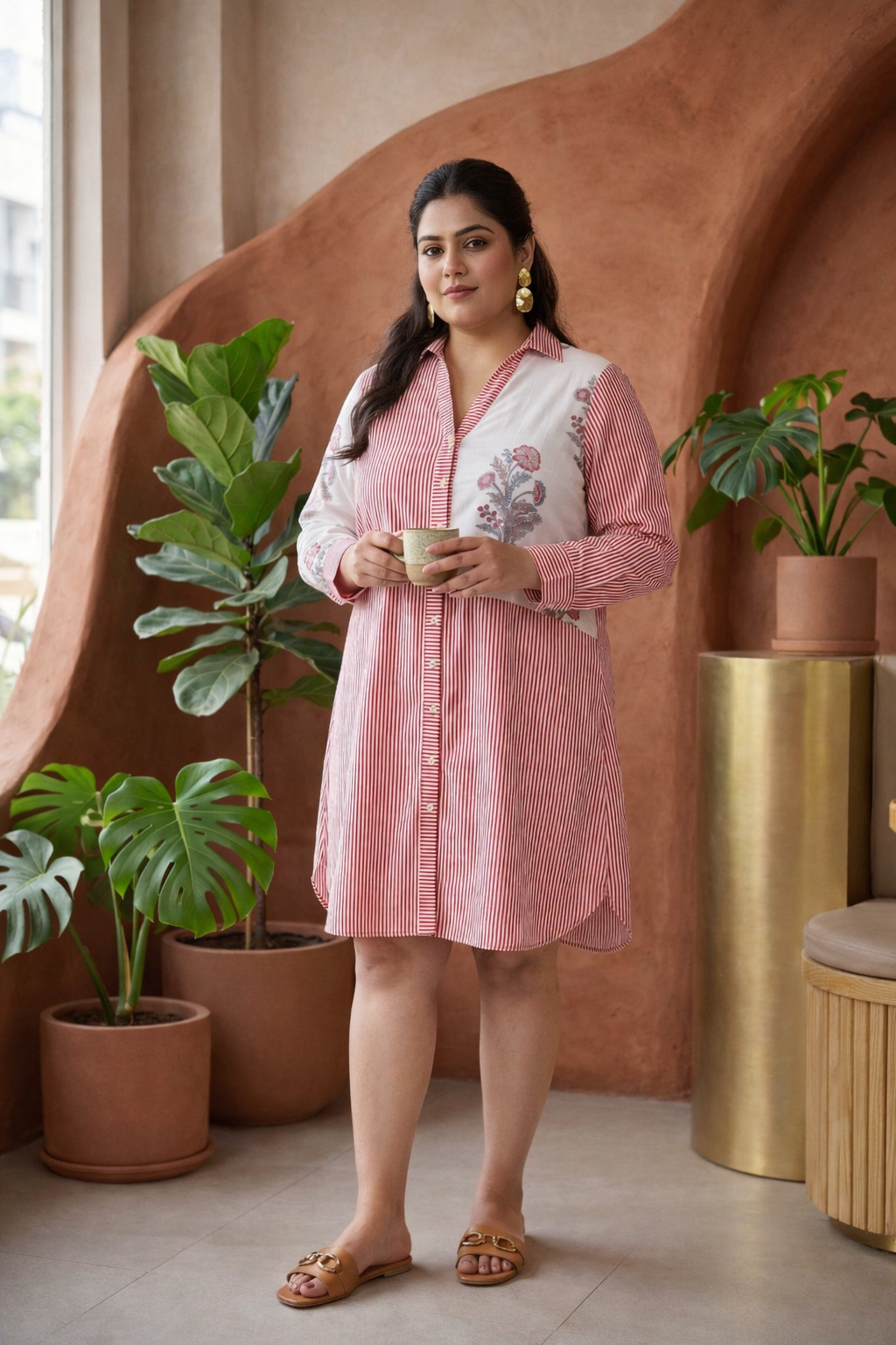 Striped Jaipur Pink Floral Cotton Short Shirt Dress