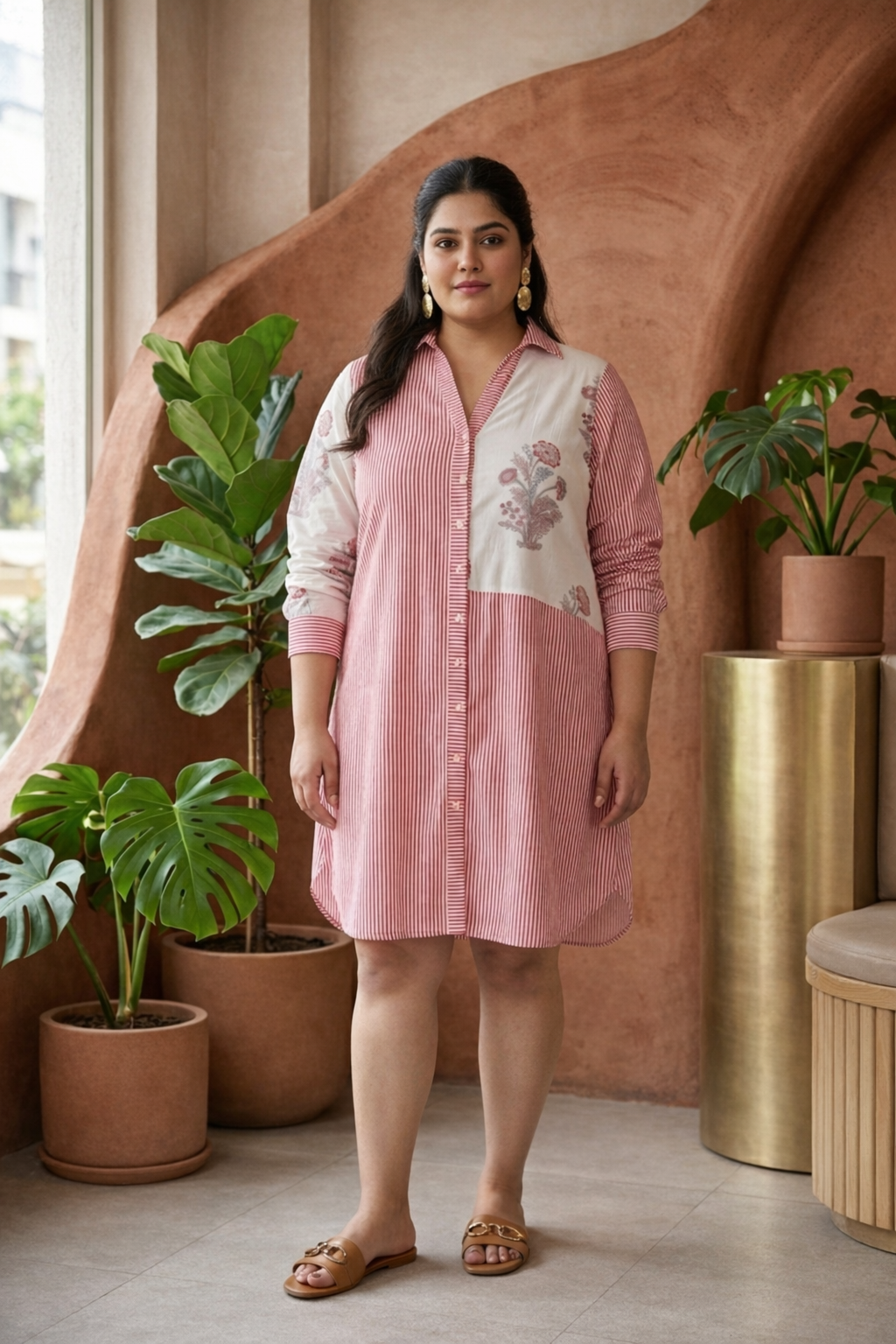 Striped Jaipur Pink Floral Cotton Short Shirt Dress
