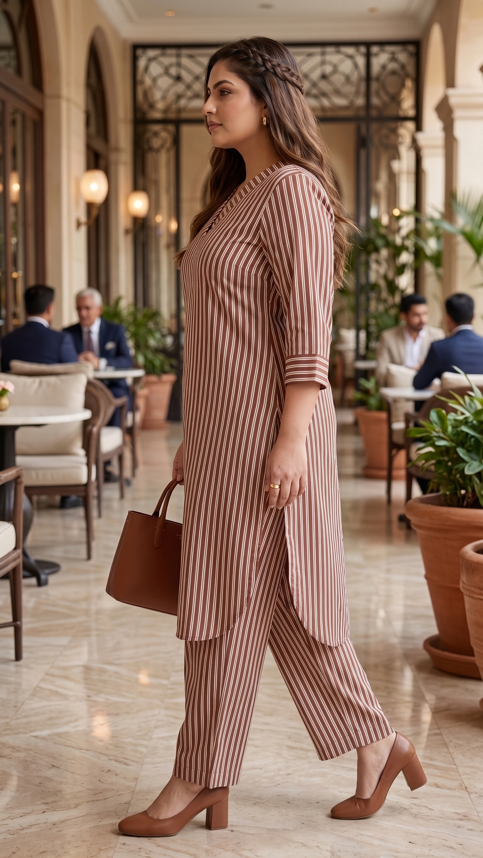 Plus Size Brown Striped Cotton Co-Ord Set for Women | V-Neck Kurta & Pants Set