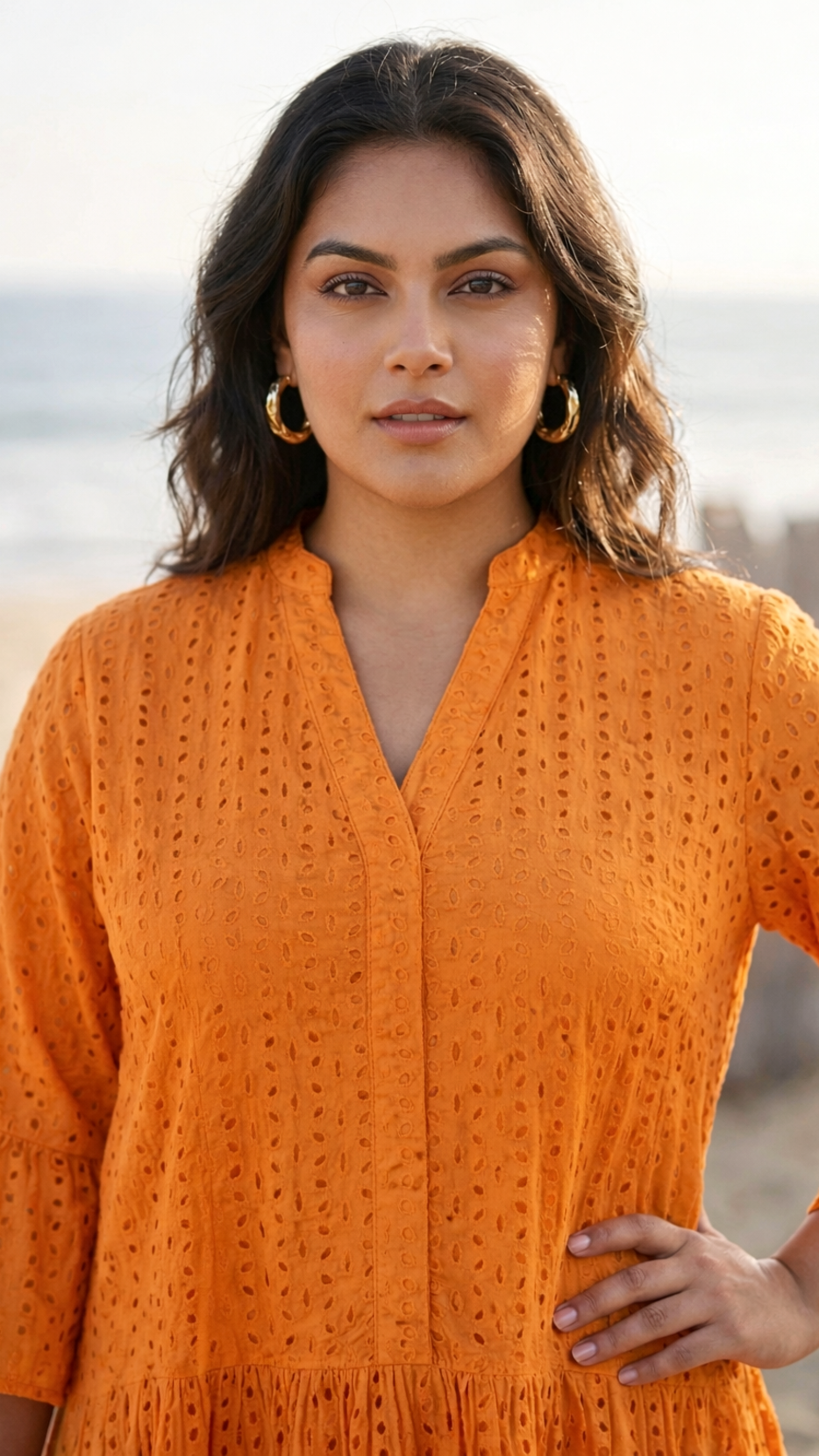Plus Size Orange Schiffli Cotton Tiered Dress –Summer Casual Midi Dress for Women