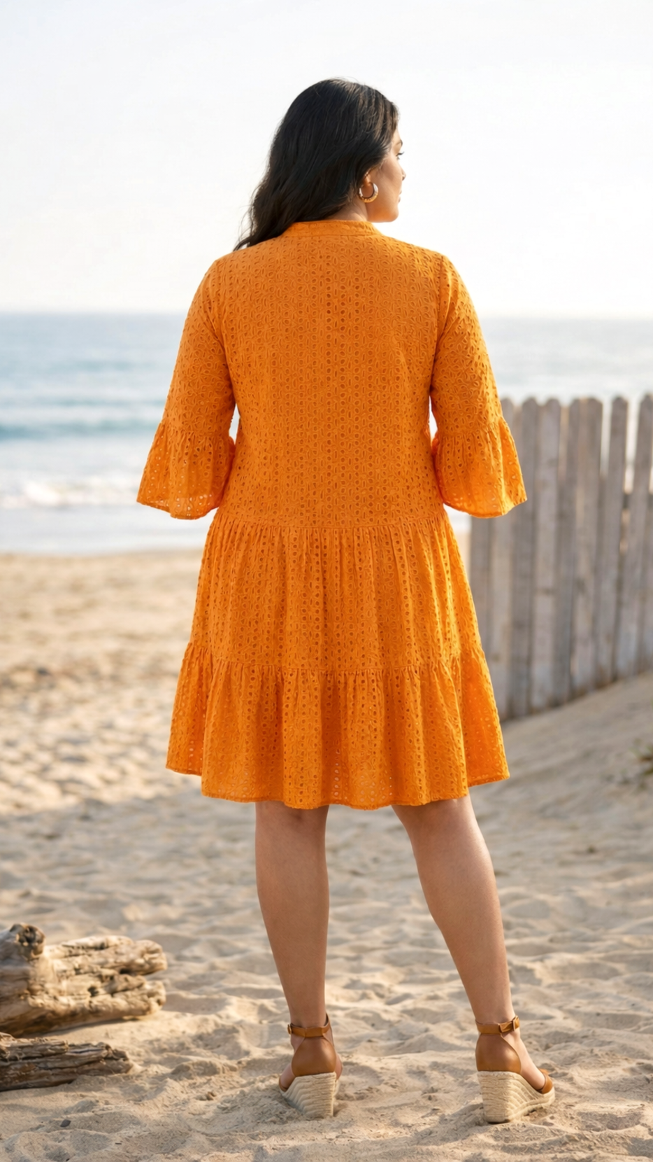 Plus Size Orange Schiffli Cotton Tiered Dress –Summer Casual Midi Dress for Women